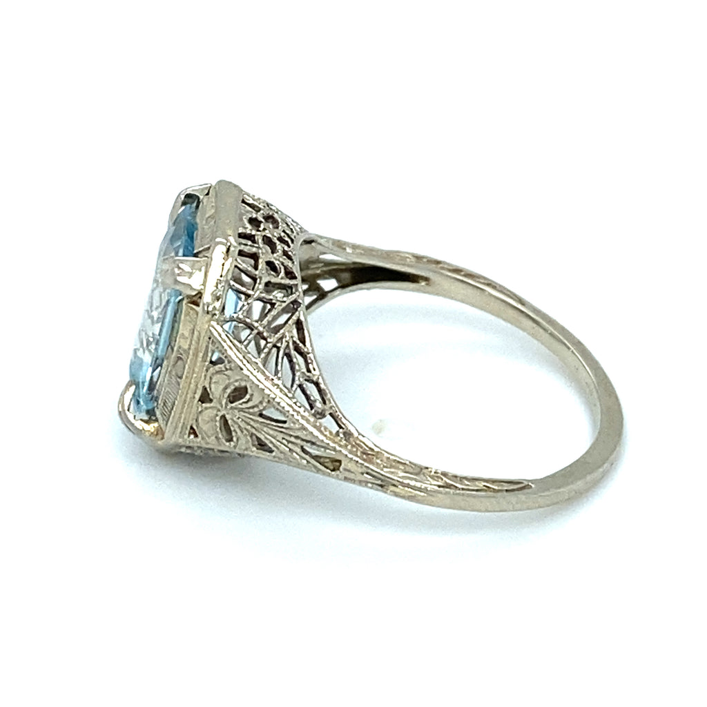 Circa 1930s Art Deco Aquamarine Ring in 18K White Gold - The