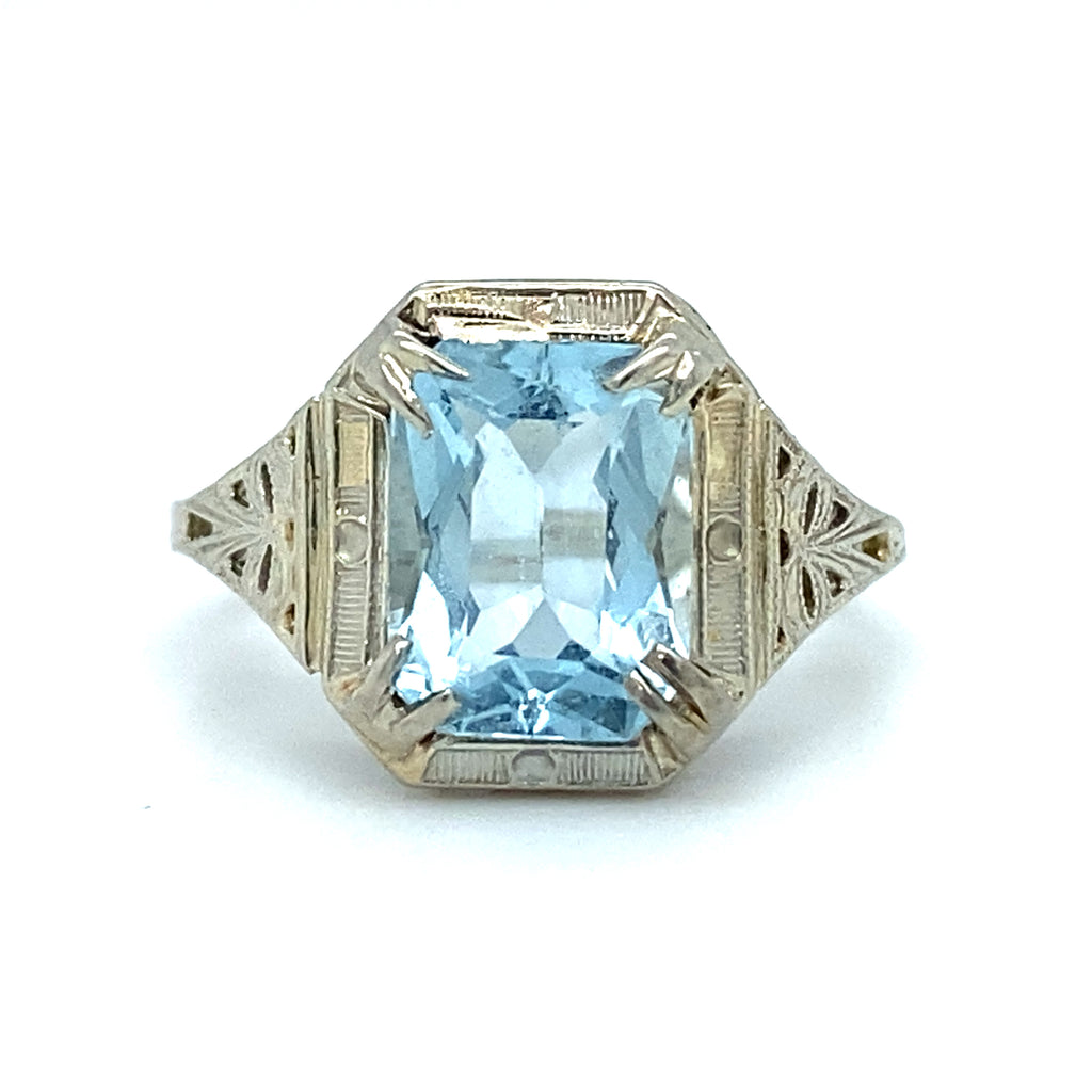 Circa 1930s Art Deco Aquamarine Ring in 18K White Gold