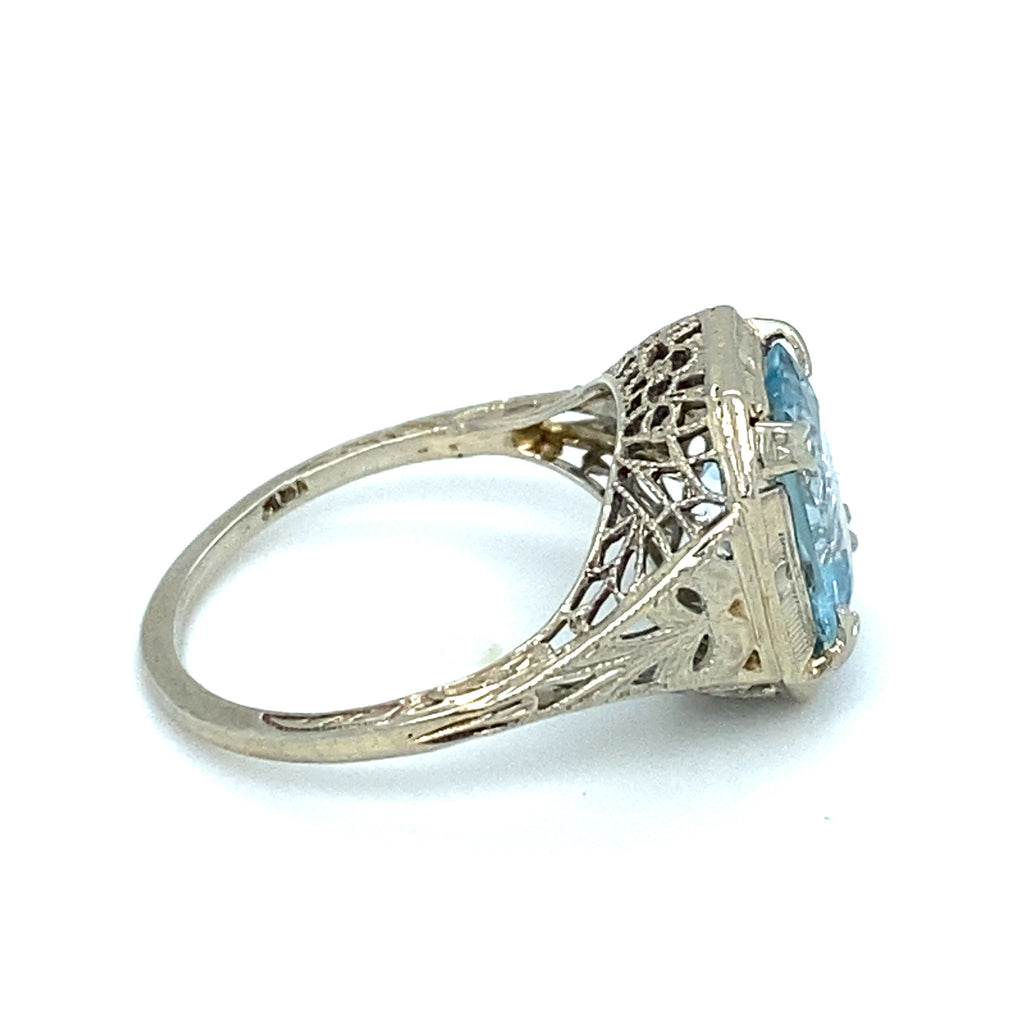 Circa 1930s Art Deco Aquamarine Ring in 18K White Gold - The