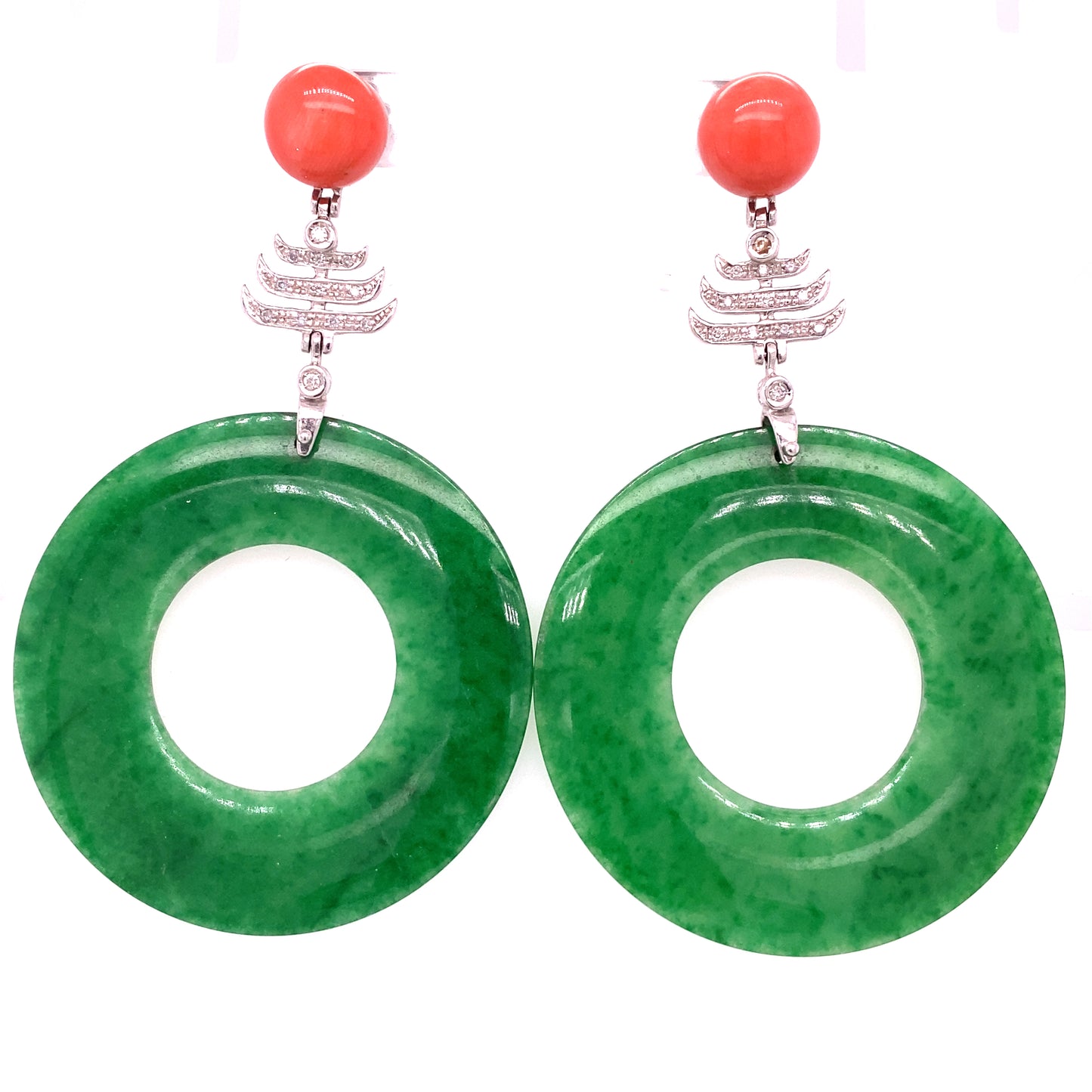Coral and Green Jade Hoop Dangle Earrings in 18 Karat White Gold