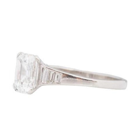 Circa 1920s Art Deco Platinum Antique Step Cut Emerald Engagement Ring