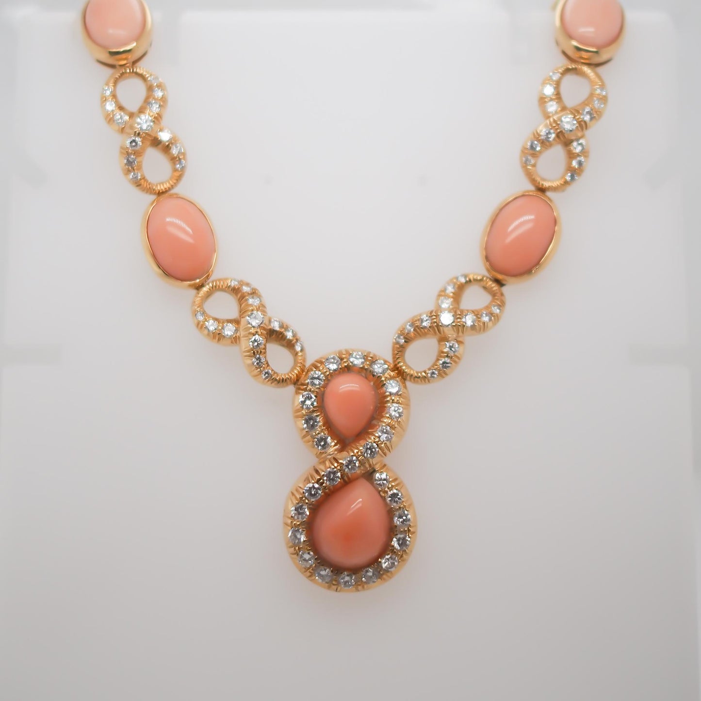 18K Yellow Gold Angel Skin Coral and Diamond Necklace