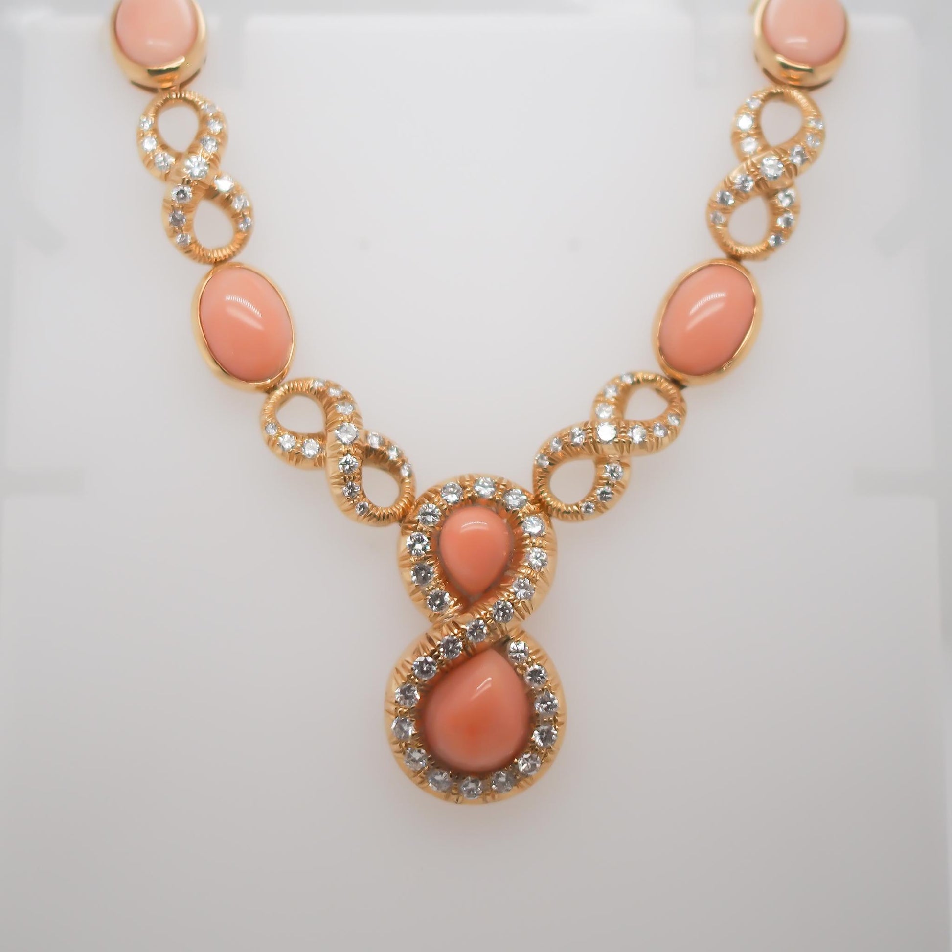 18K Yellow Gold Angel Skin Coral and Diamond Necklace