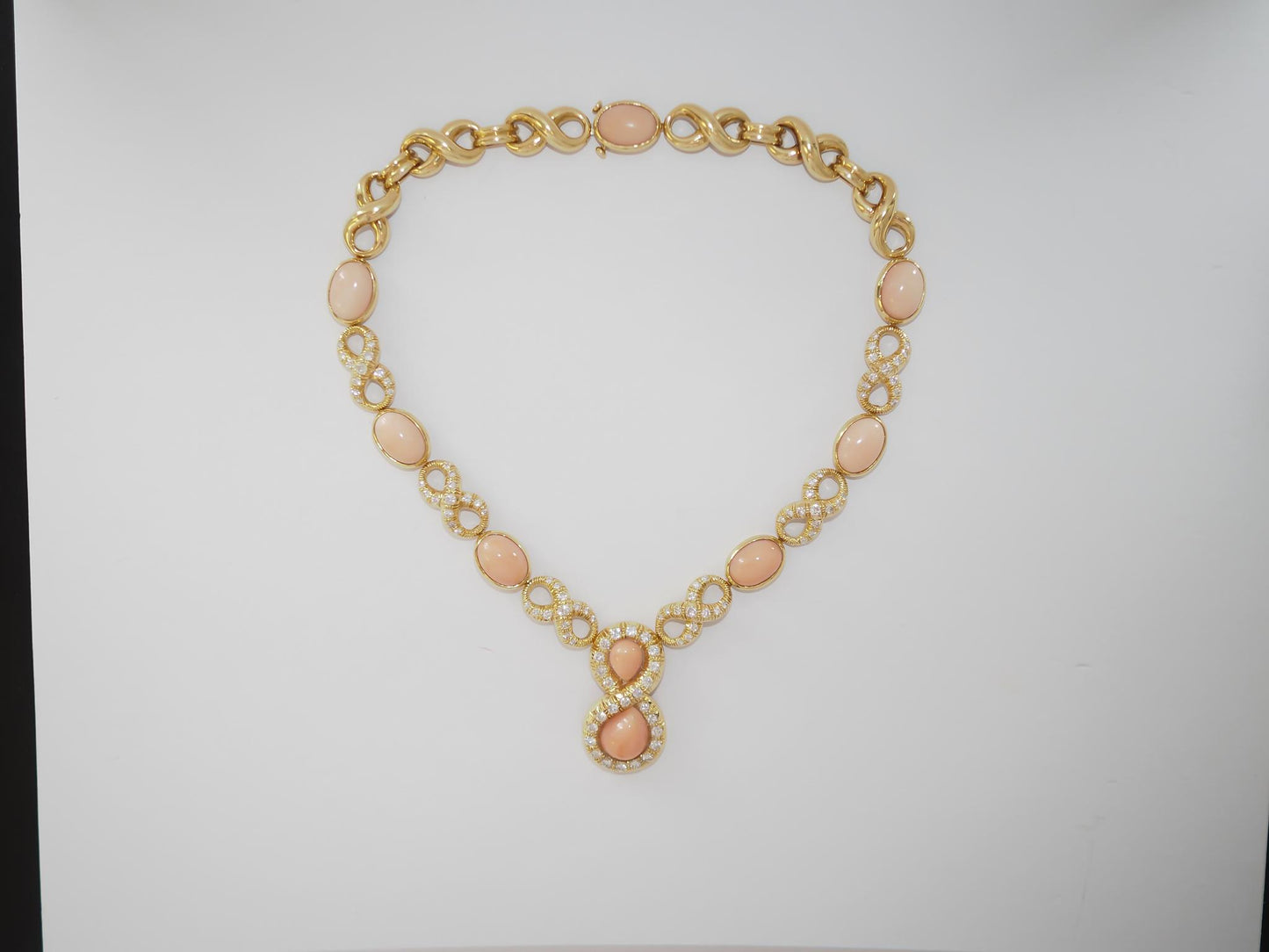 18K Yellow Gold Angel Skin Coral and Diamond Necklace