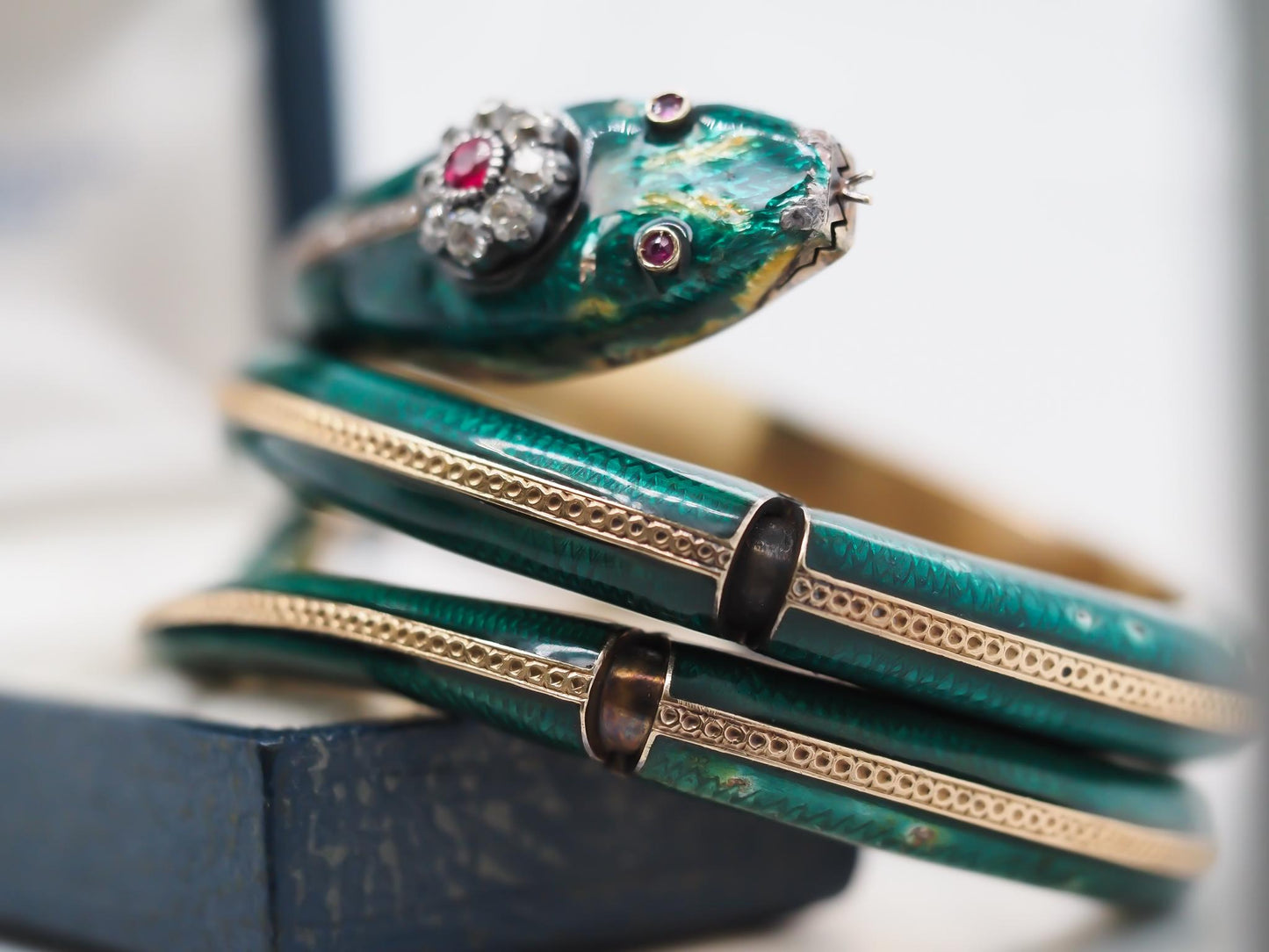 Vintage Snake Bangle with Ruby Eyes and Old Mine Diamond Head