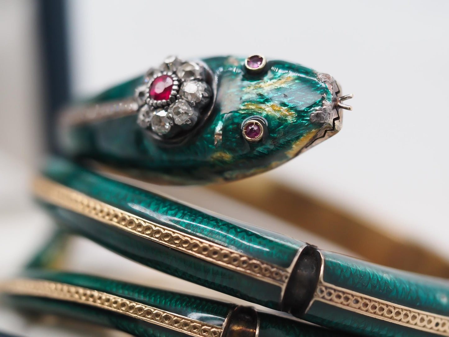 Vintage Snake Bangle with Ruby Eyes and Old Mine Diamond Head