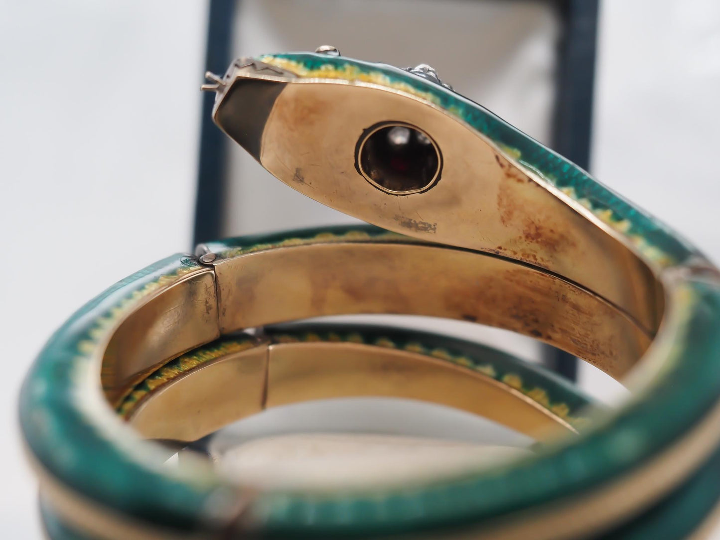 Vintage Snake Bangle with Ruby Eyes and Old Mine Diamond Head