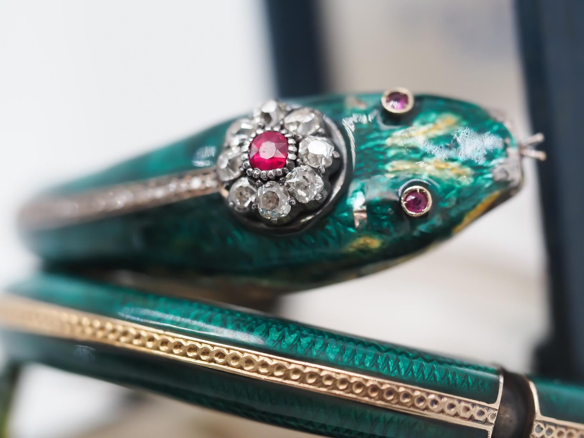 Vintage Snake Bangle with Ruby Eyes and Old Mine Diamond Head