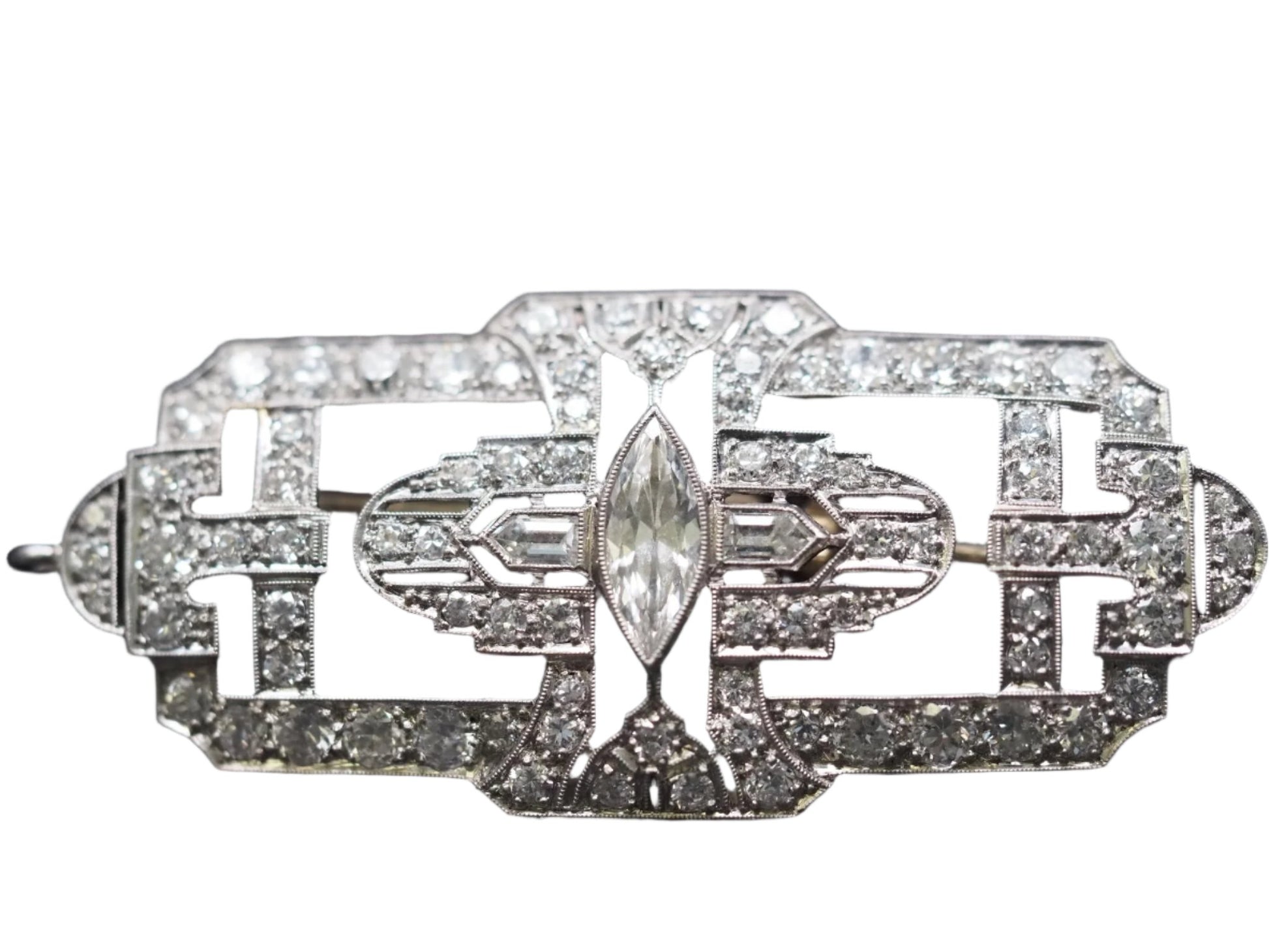 Circa 1920s Platinum Art Deco Pendant and Brooch with Antique Marquise