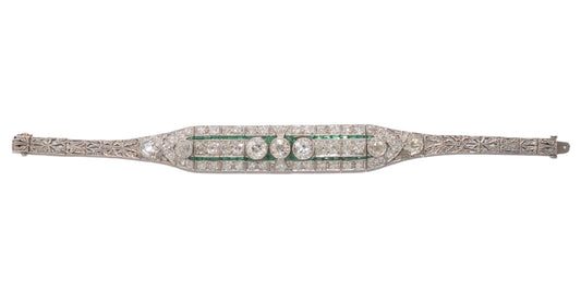 Circa 1920s Platinum Art Deco Old European Diamond and Emerald Bracelet