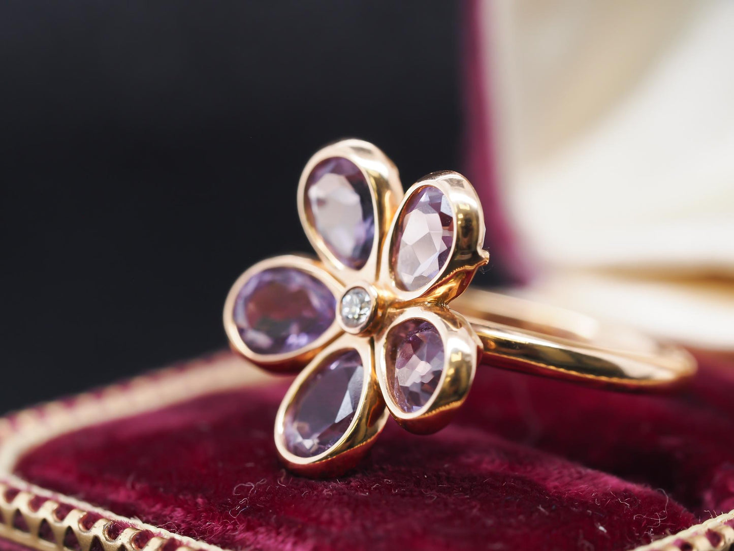 Tiffany & Co. 18K Rose Gold Amethyst and Diamond Flower Ring