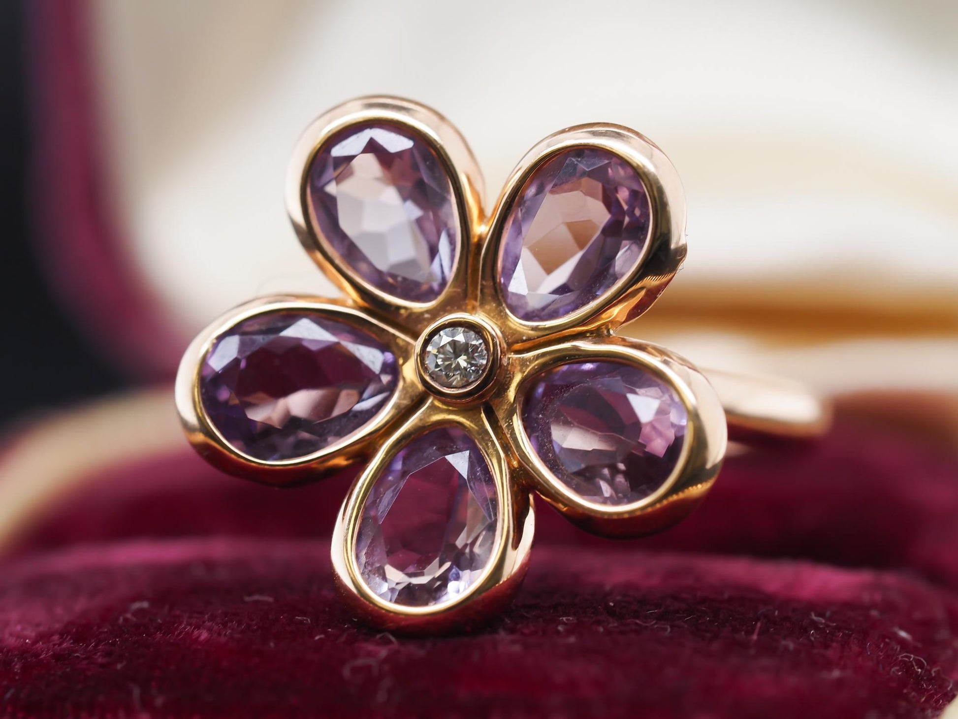 Tiffany & Co. 18K Rose Gold Amethyst and Diamond Flower Ring