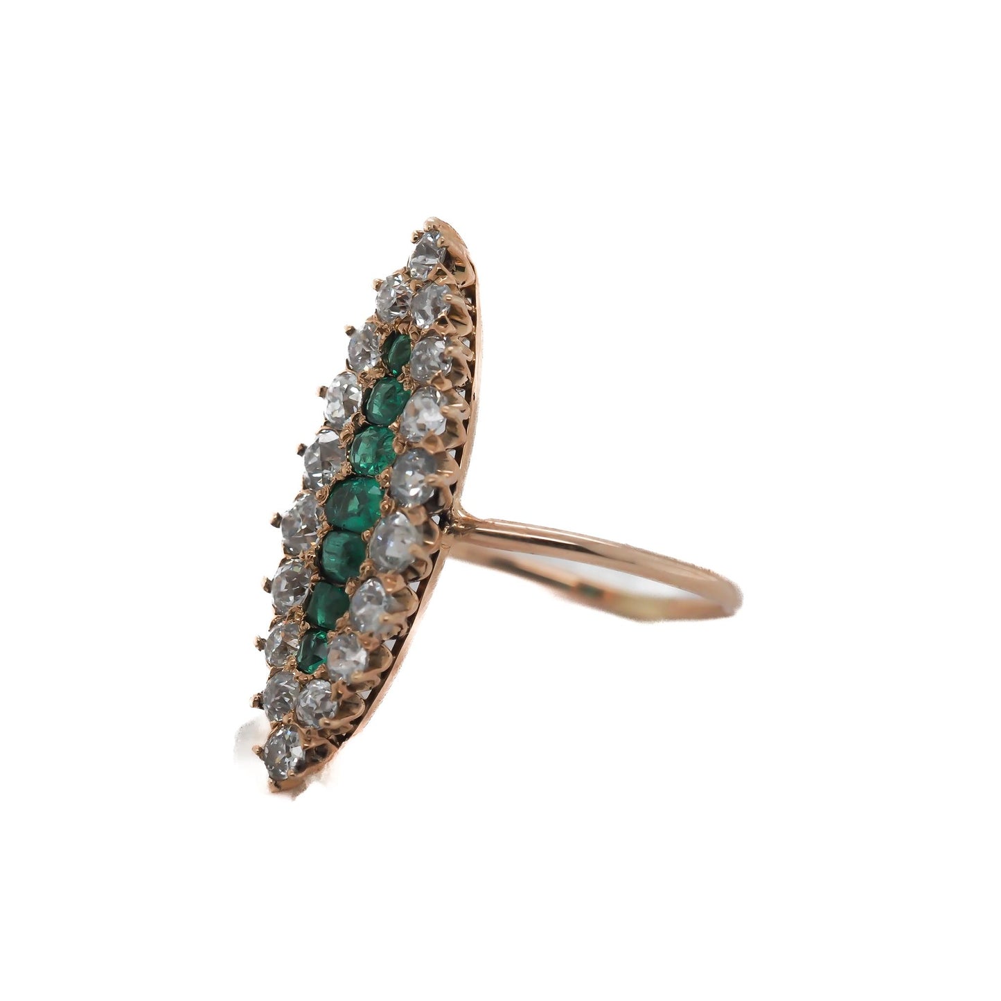 Circa 1900s Emerald and Old Mine Diamond Navette Ring