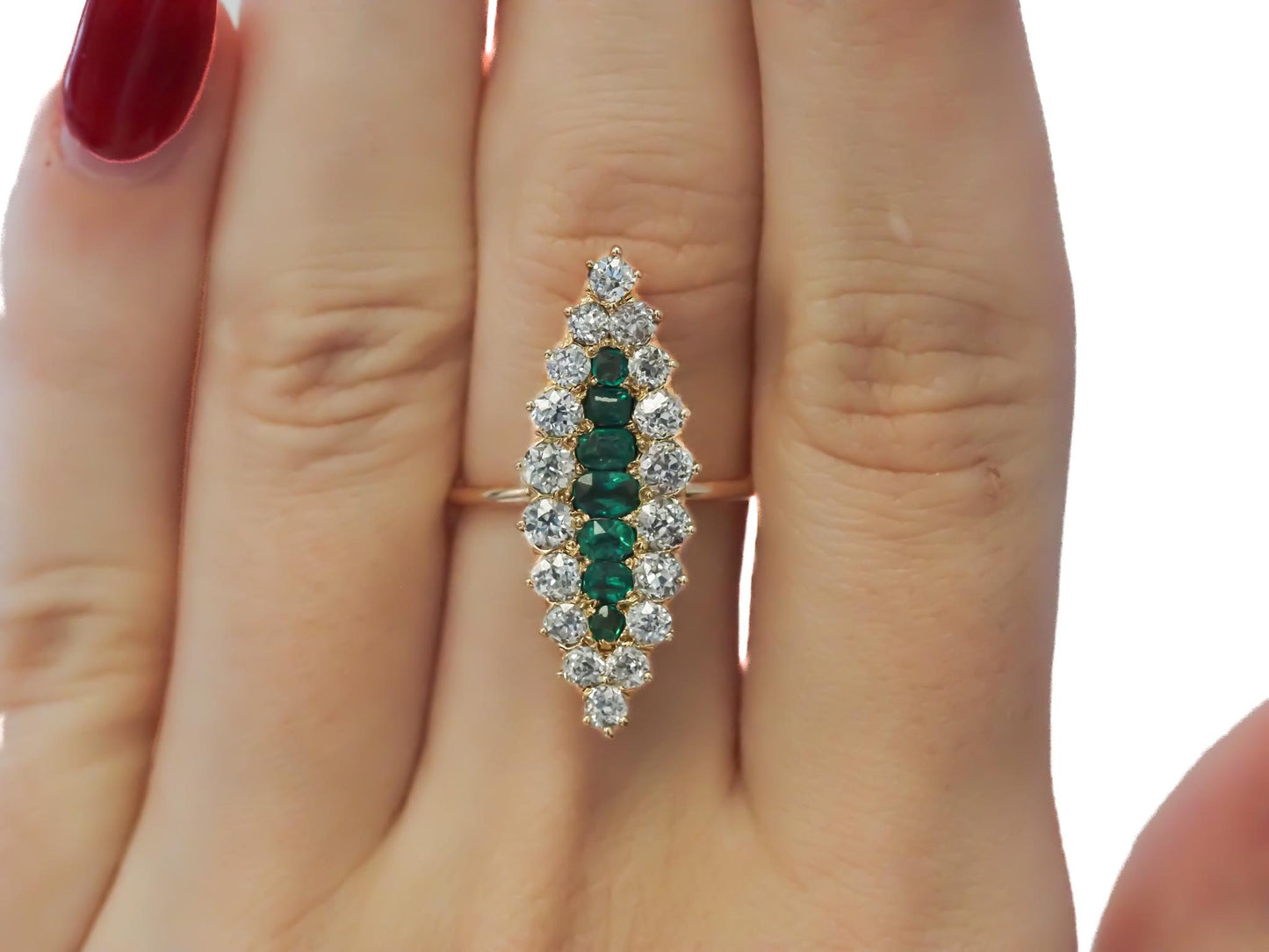 Circa 1900s Emerald and Old Mine Diamond Navette Ring