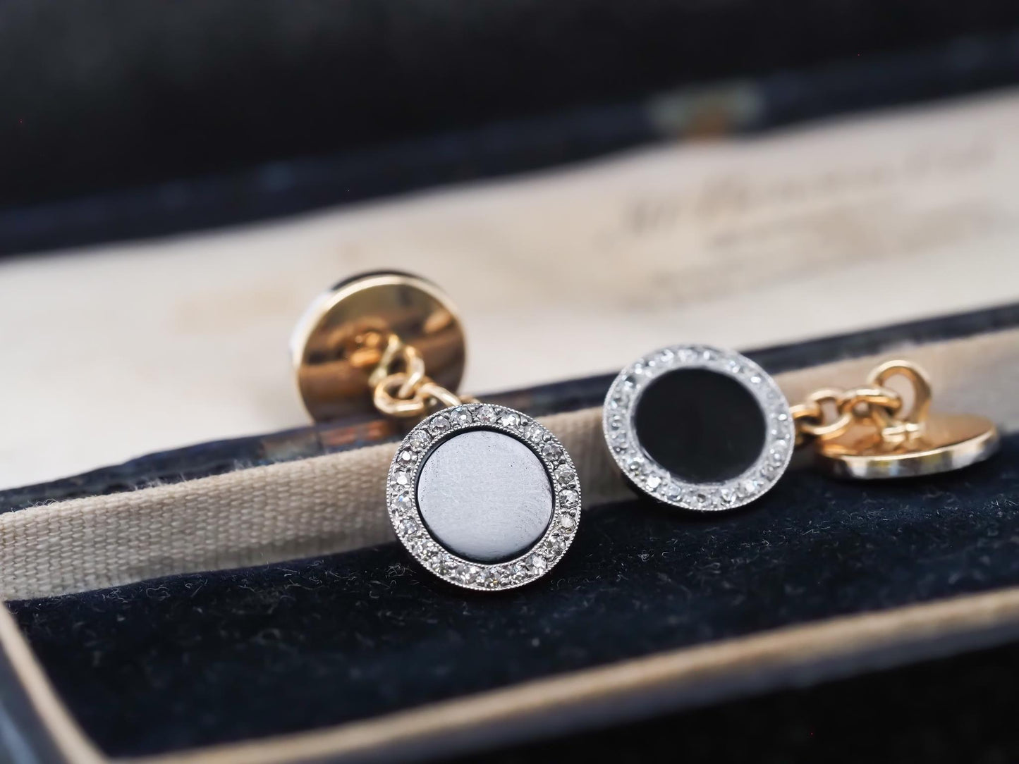 Circa 1920s Cartier Onyx and Diamond Cufflinks with French Hallmarks and Serial