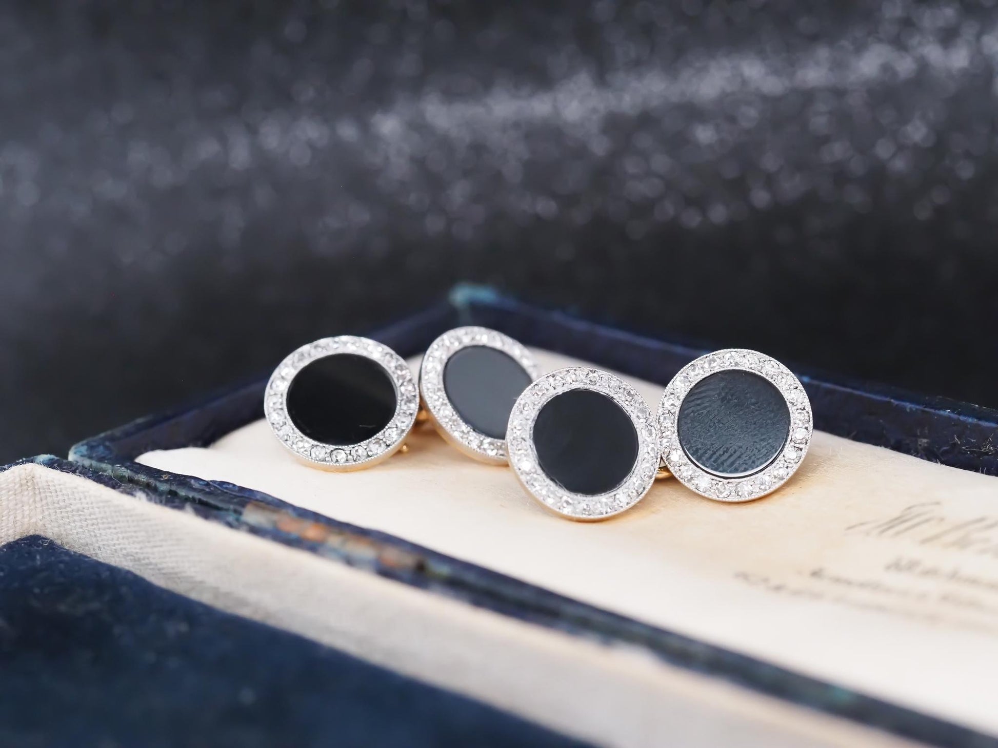 Circa 1920s Cartier Onyx and Diamond Cufflinks with French Hallmarks and Serial