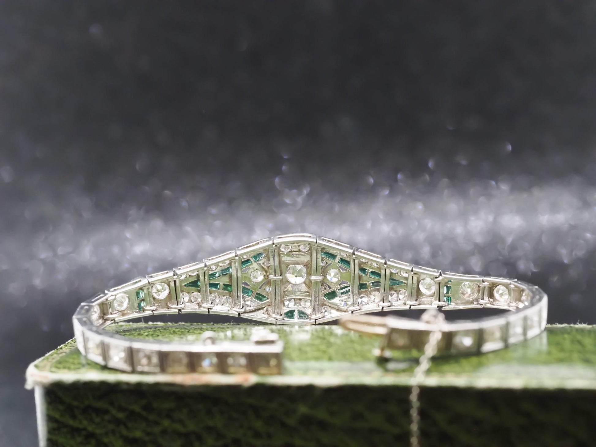 Art Deco Platinum Diamond and Emerald Bracelet