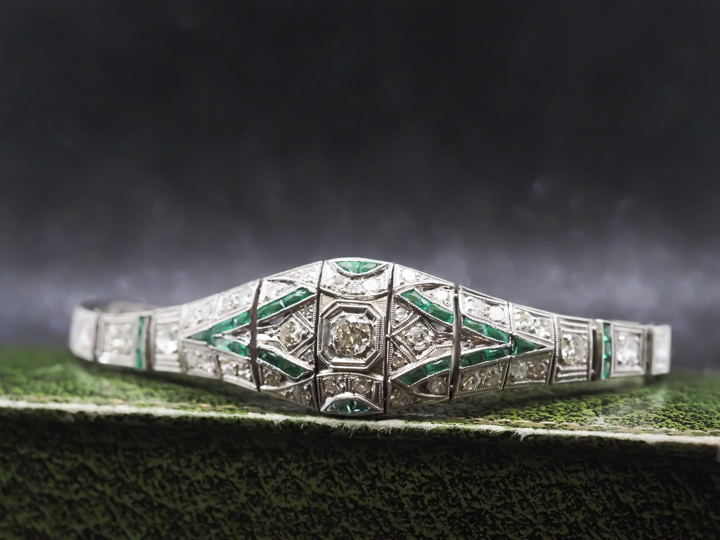 Art Deco Platinum Diamond and Emerald Bracelet