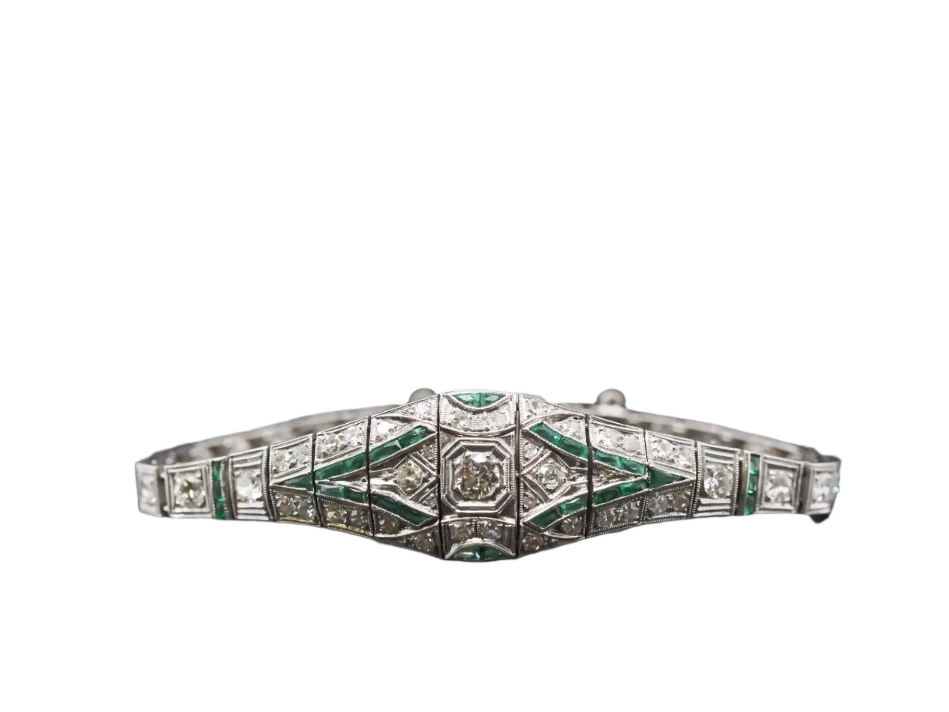 Art Deco Platinum Diamond and Emerald Bracelet