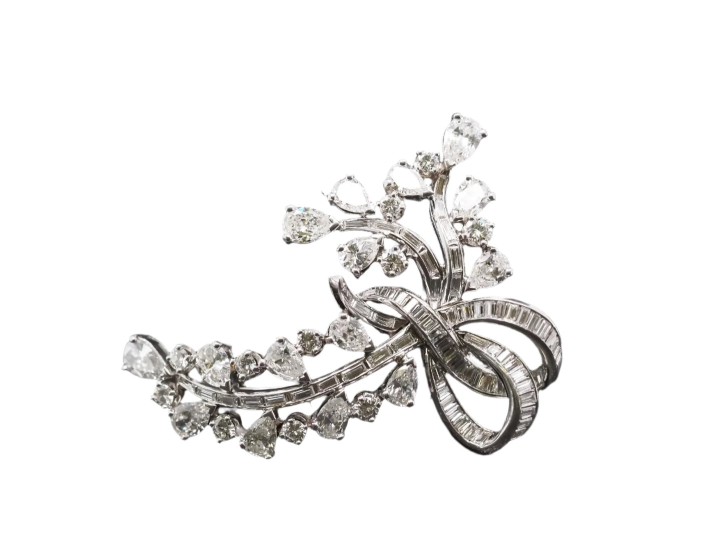 Platinum 9.25 carat Diamond Spray Brooch with Pear, Round, and Baguette