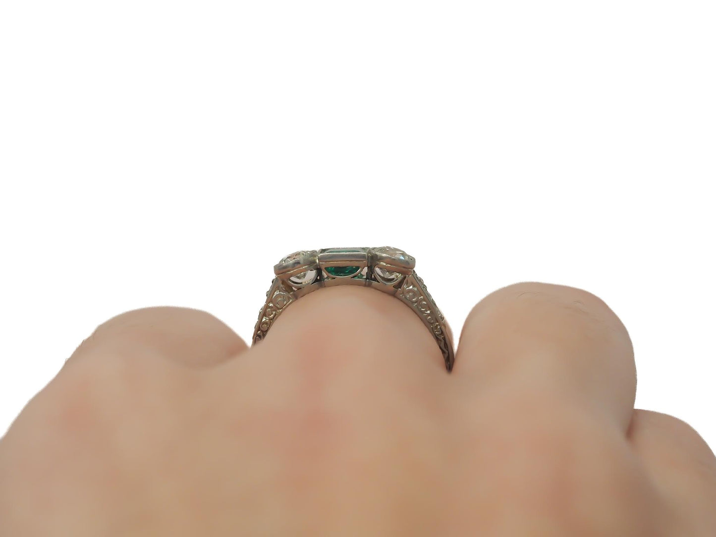 Circa 1920s Old European Brilliant Diamond and Emerald Engagement Ring