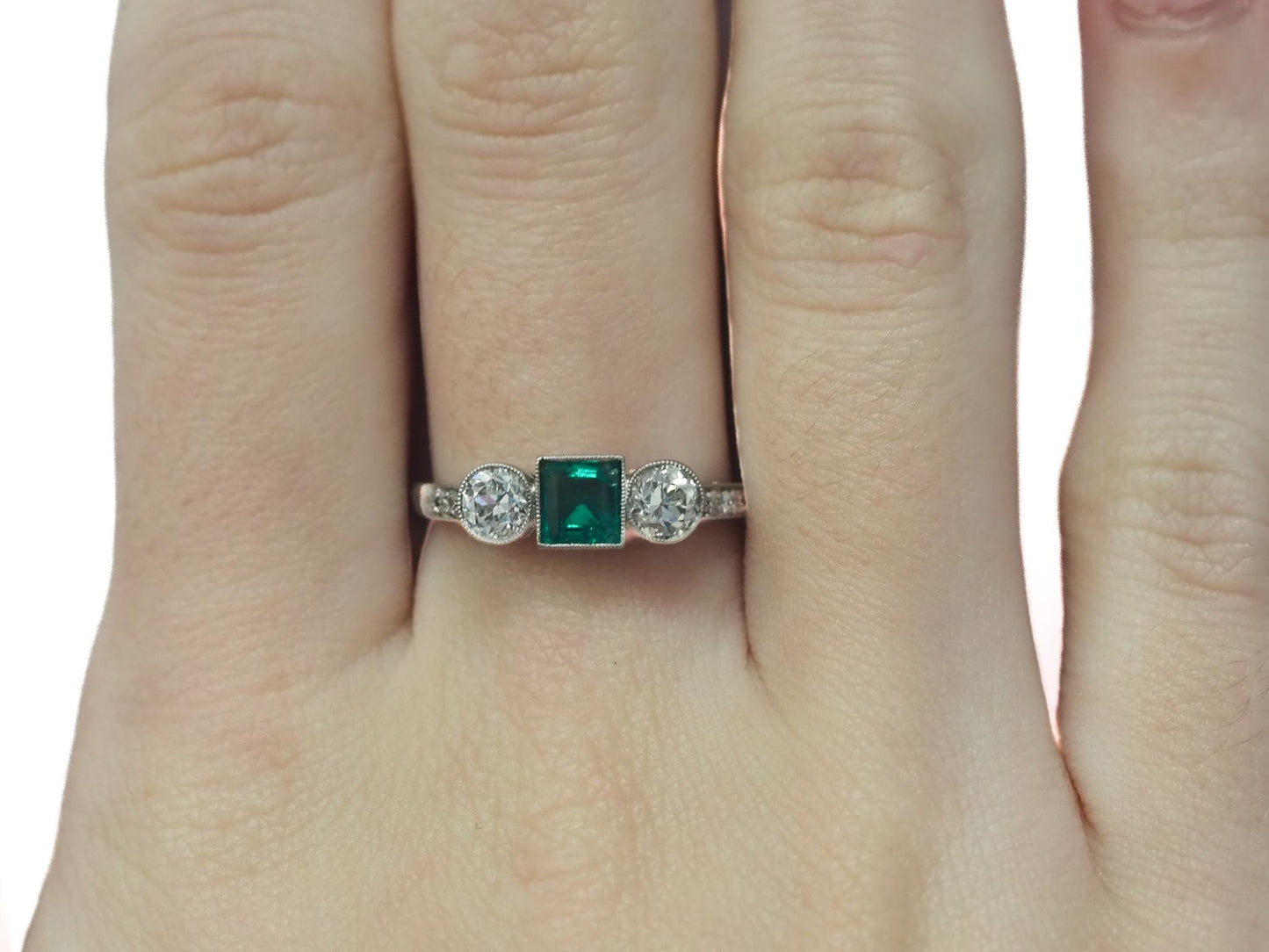 Circa 1920s Old European Brilliant Diamond and Emerald Engagement Ring