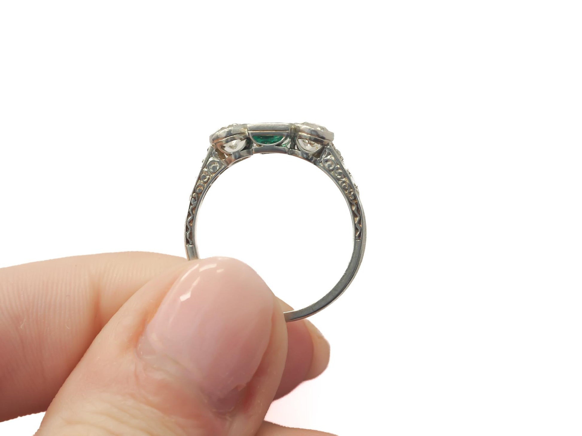 Circa 1920s Old European Brilliant Diamond and Emerald Engagement Ring