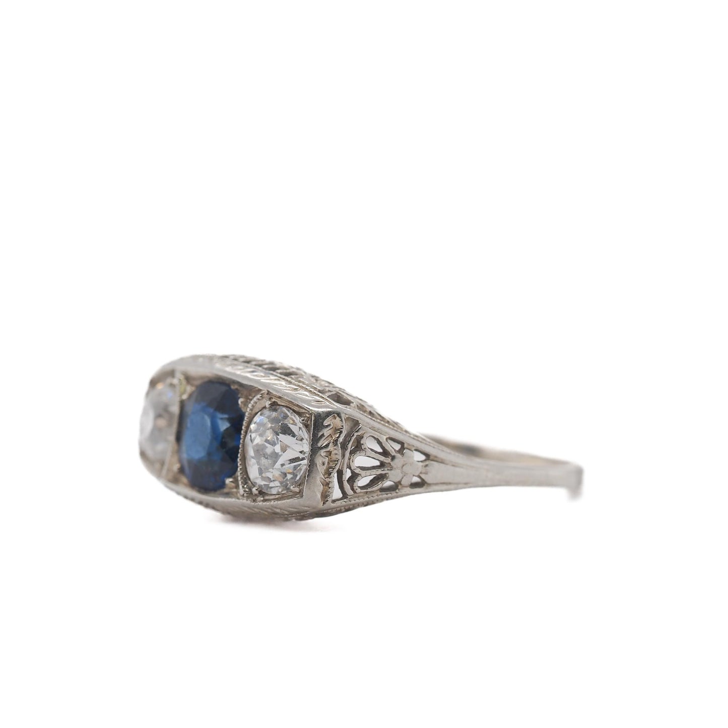 Circa 1920s Ornate GIA Unheated Sapphire and Old European Diamond Engagement Rin