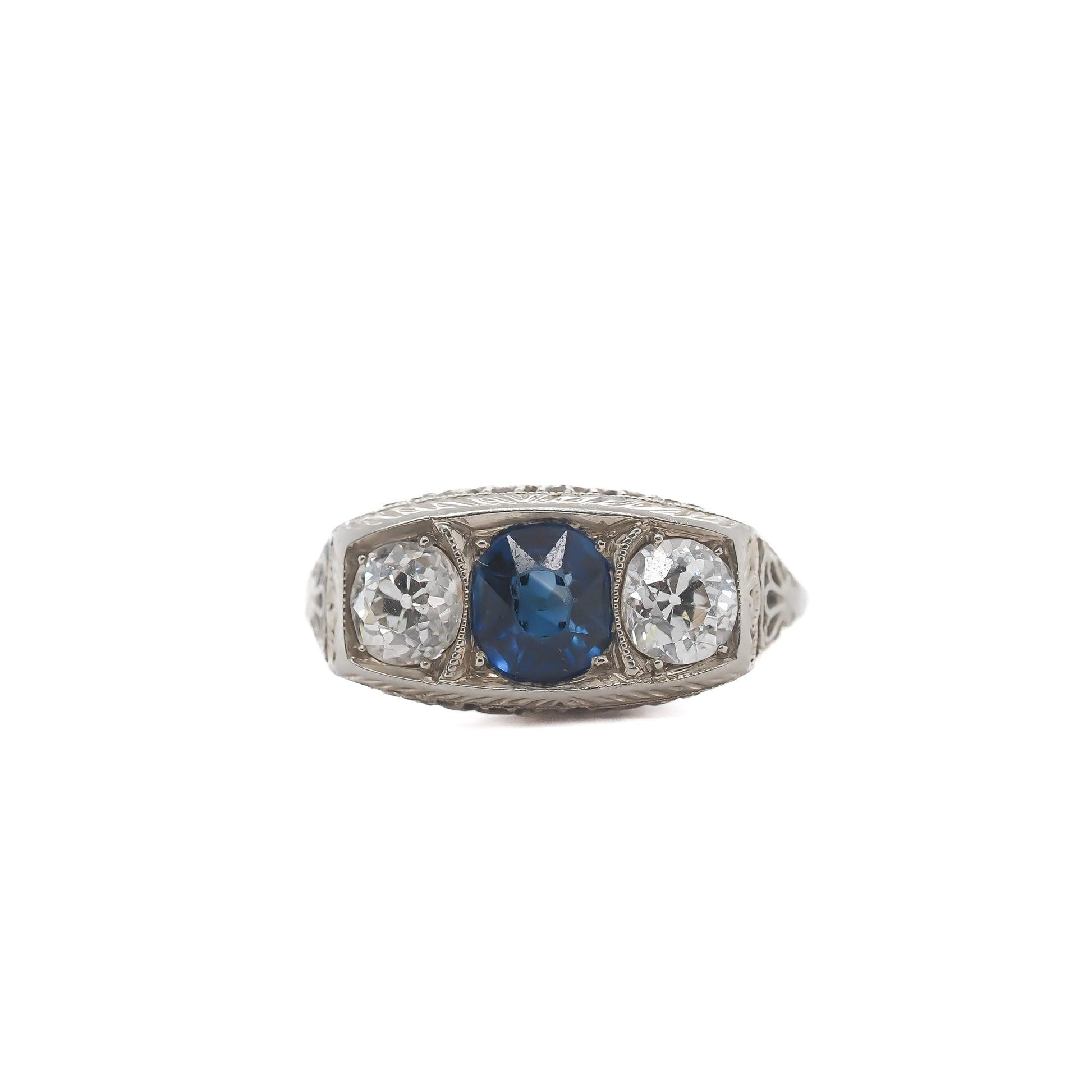 Circa 1920s Ornate GIA Unheated Sapphire and Old European Diamond Engagement Rin