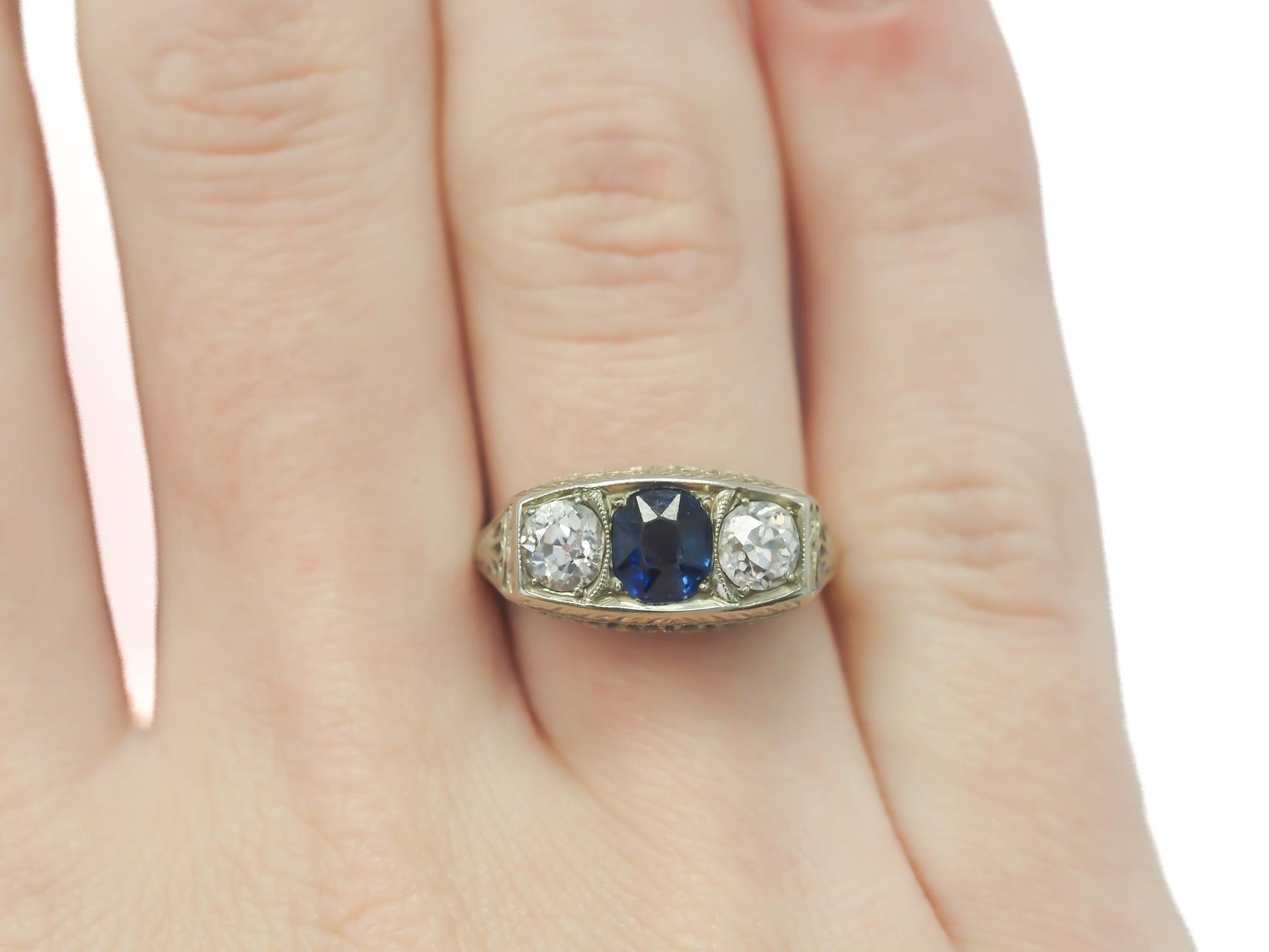 Circa 1920s Ornate GIA Unheated Sapphire and Old European Diamond Engagement Rin