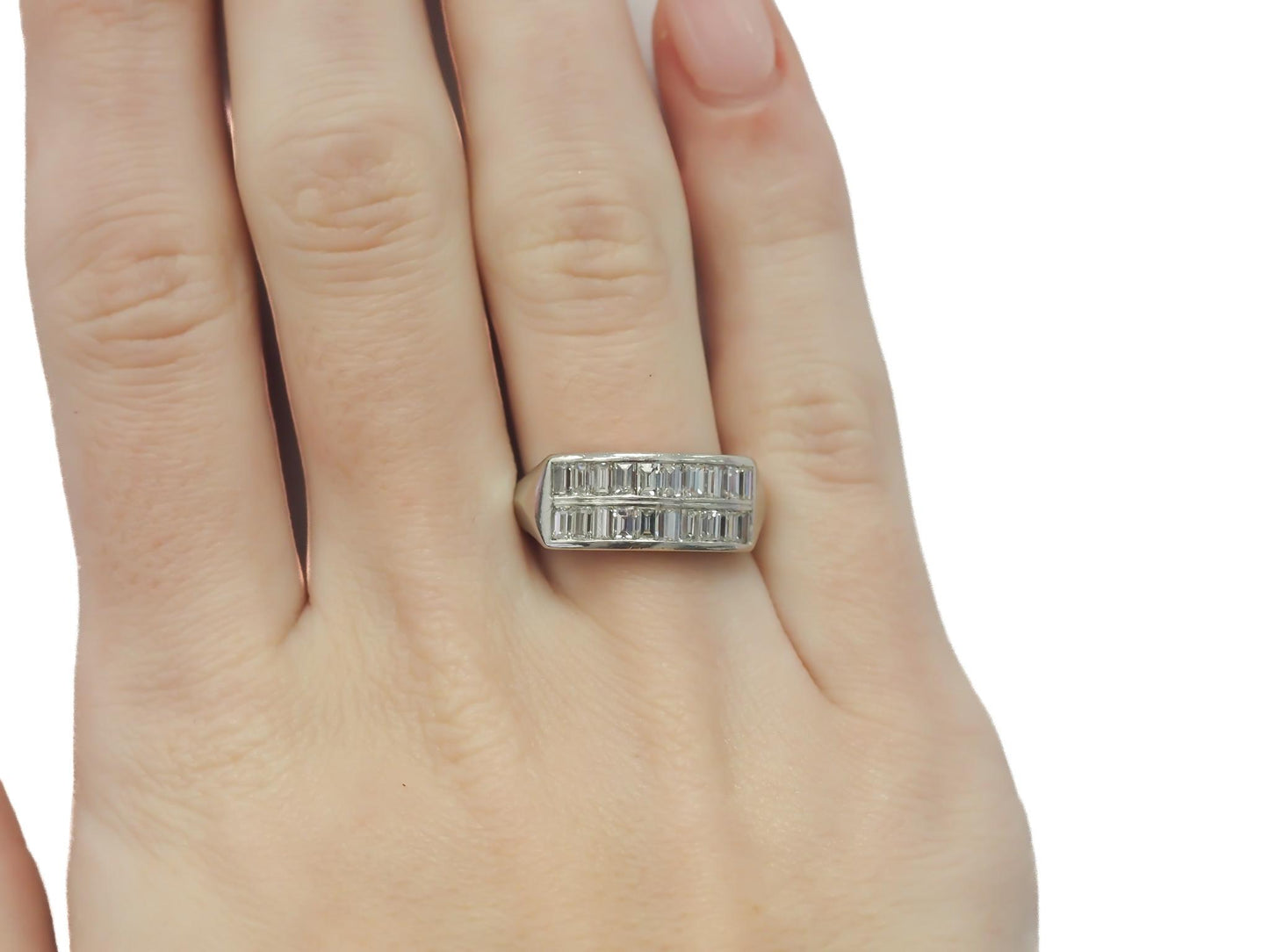 Circa 1920s Platinum Step Cut Diamond Double Row Wedding Band Ring