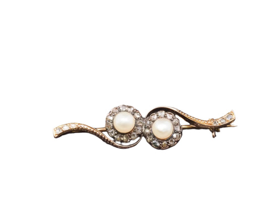 18K Yellow Gold Victorian Pearl and Diamond Brooch