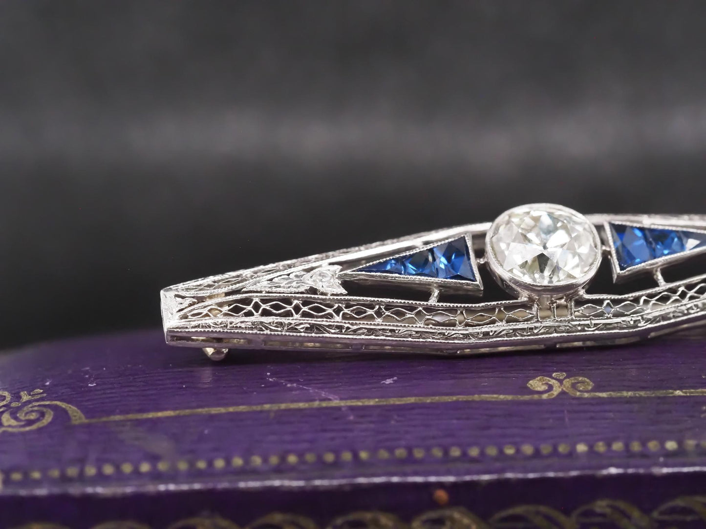 Circa 1920s Art Deco Platinum 1.75ct Old Mine Diamond and French Cut Sapphire