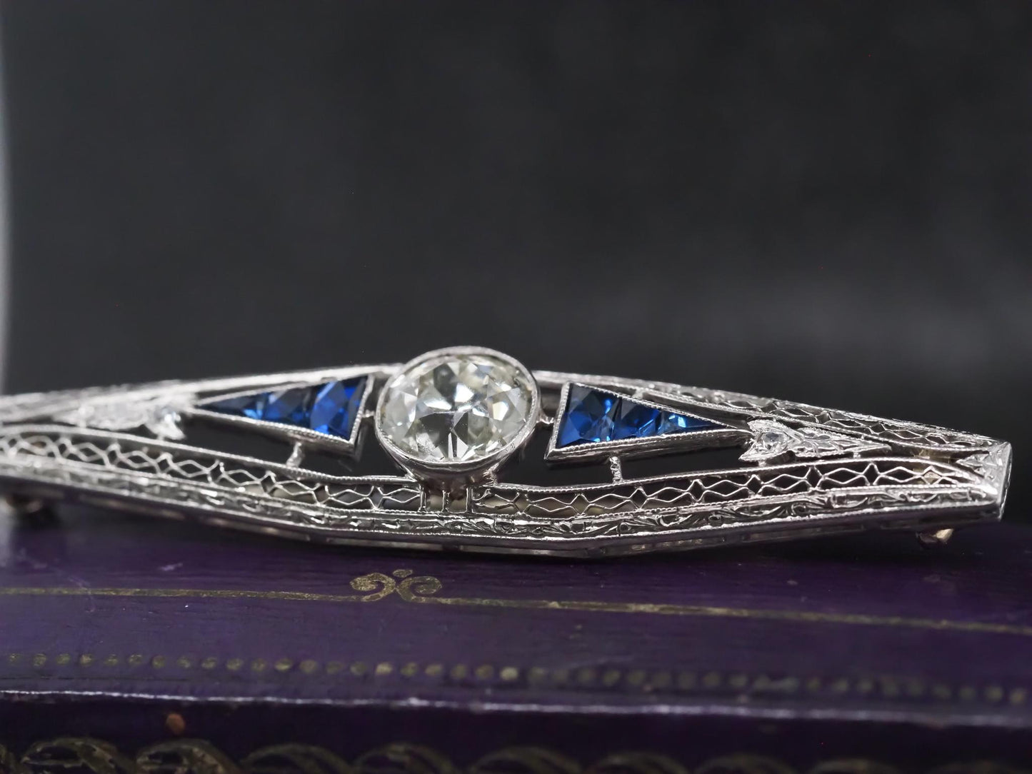 Circa 1920s Art Deco Platinum 1.75ct Old Mine Diamond and French Cut Sapphire