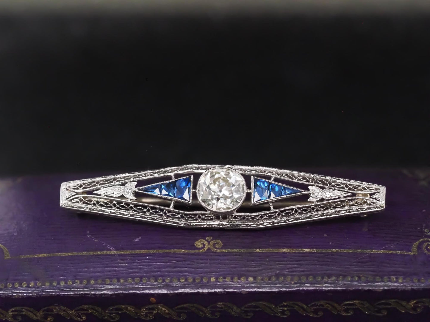 Circa 1920s Art Deco Platinum 1.75ct Old Mine Diamond and French Cut Sapphire