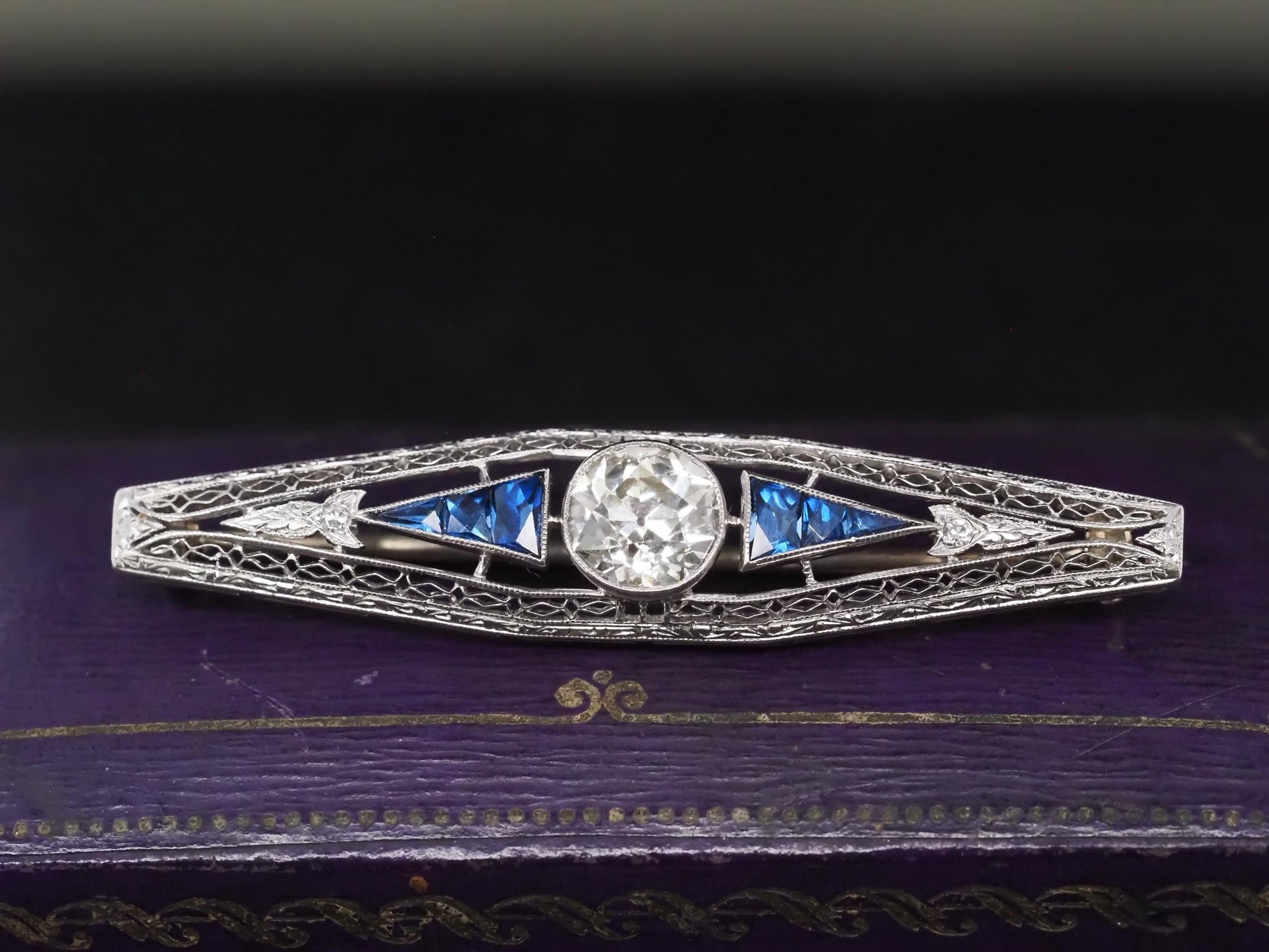 Circa 1920s Art Deco Platinum 1.75ct Old Mine Diamond and French Cut Sapphire