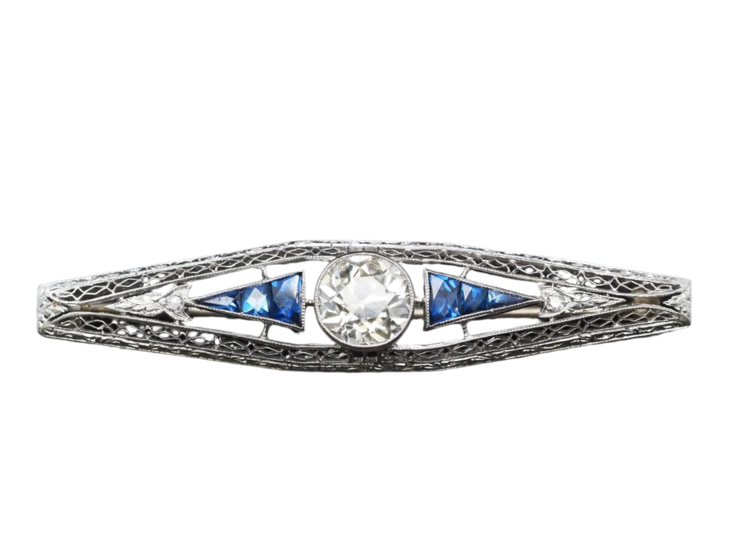 Circa 1920s Art Deco Platinum 1.75ct Old Mine Diamond and French Cut Sapphire