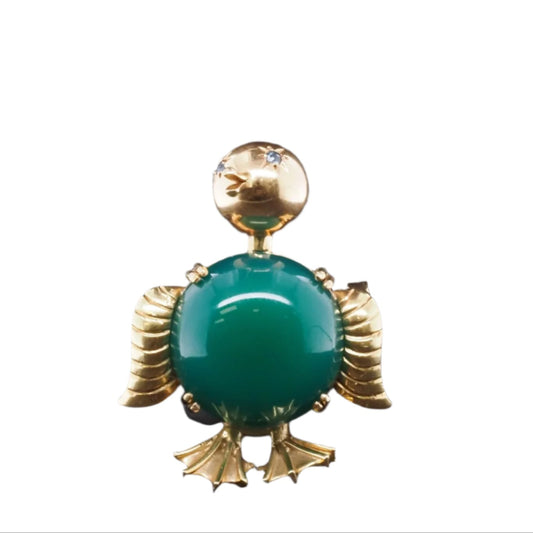 Vintage 18k Yellow Gold Sapphire and Chrysoprase Duck Brooch