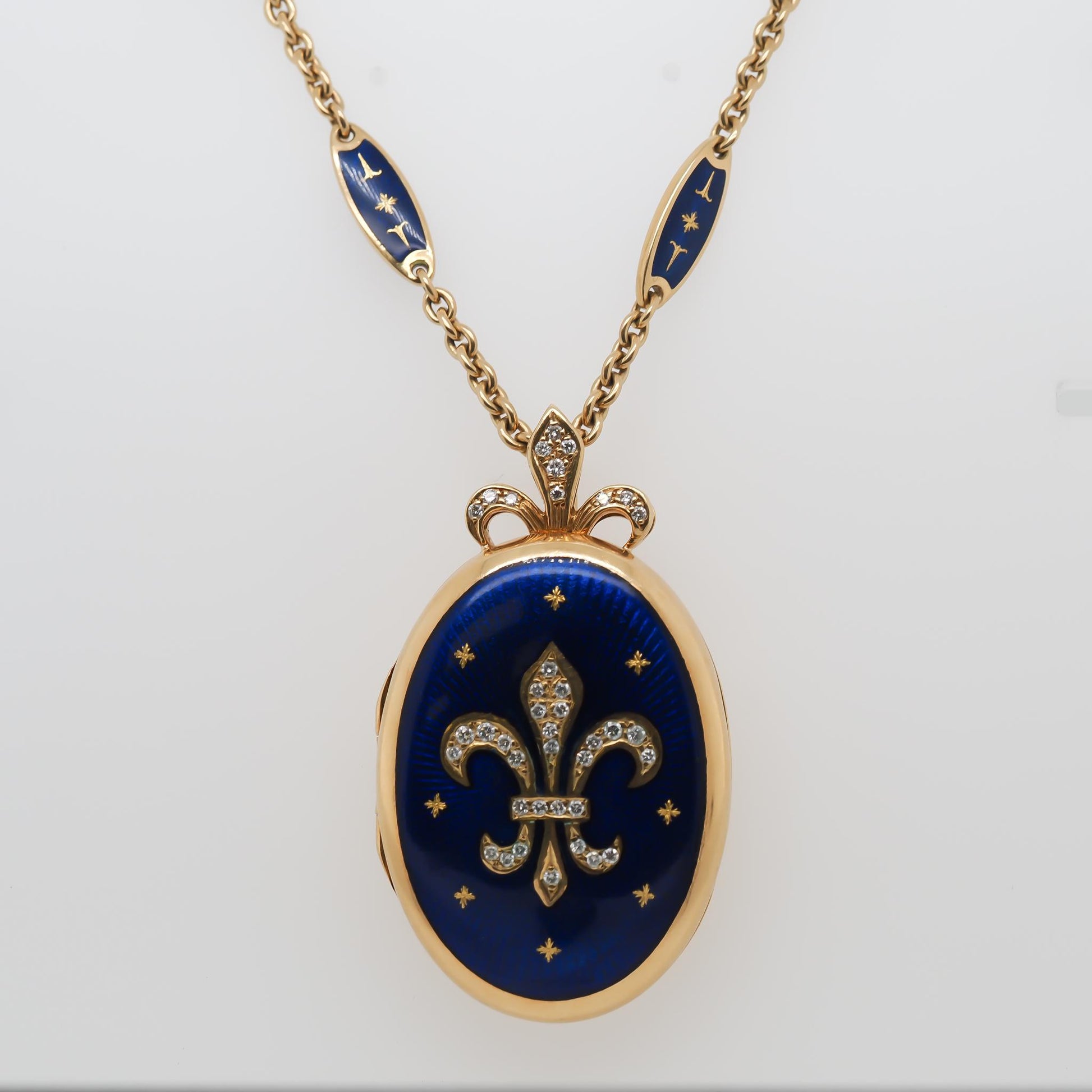 Faberge 18K Yellow Gold and Diamond Fleur De Lis Necklace and Pendant Locket