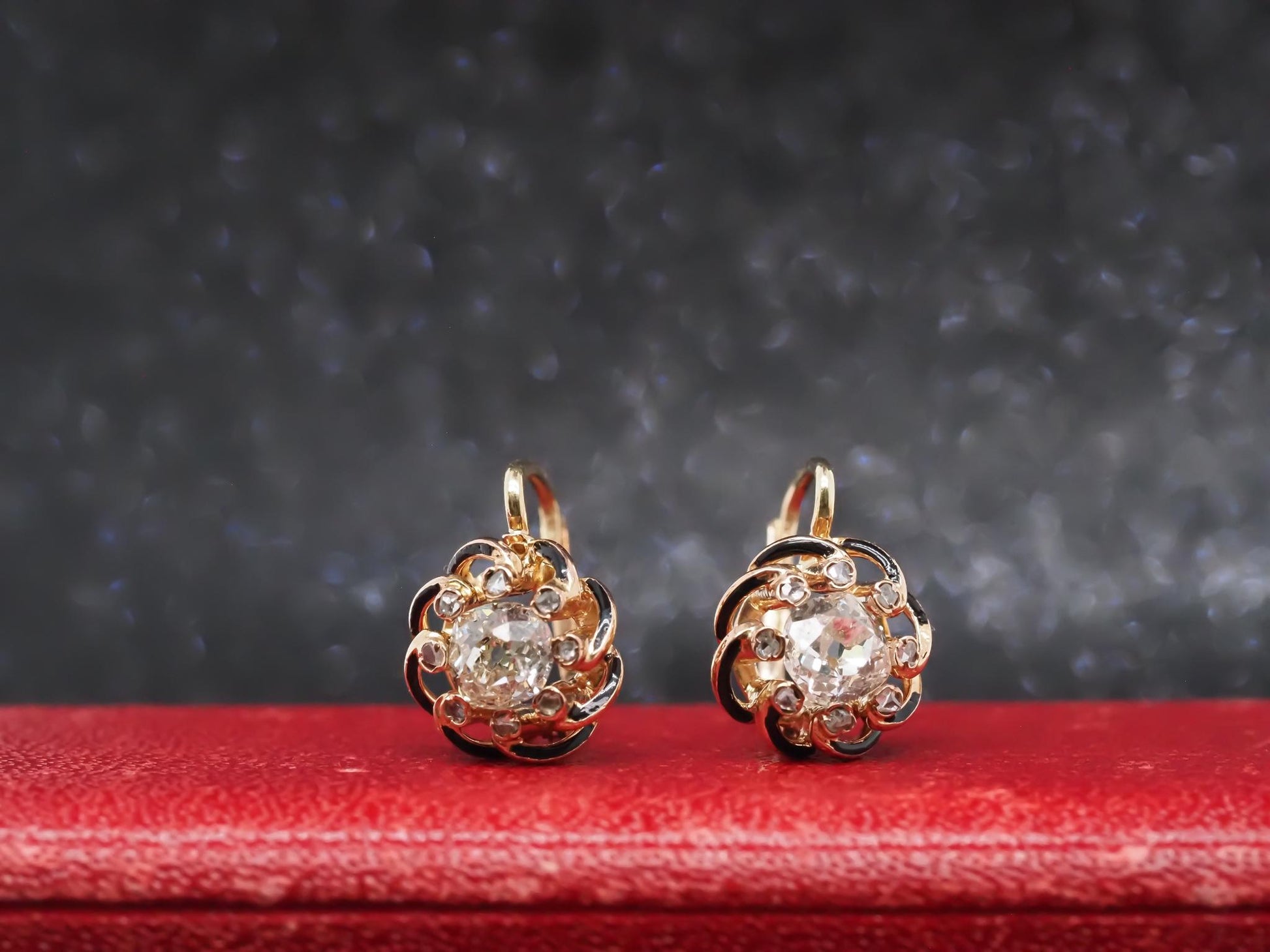 1900s 14K Yellow Gold Old Mine Diamond and Enamel Antique Earrings