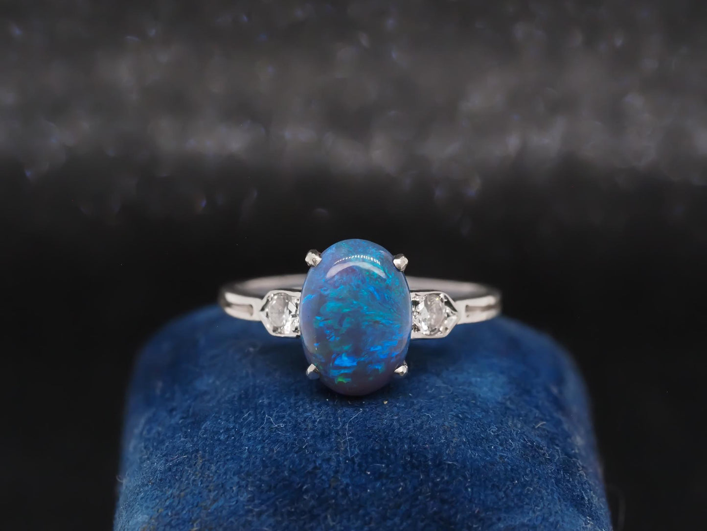 Art Deco 1920s Platinum Black Opal and Diamond Ring