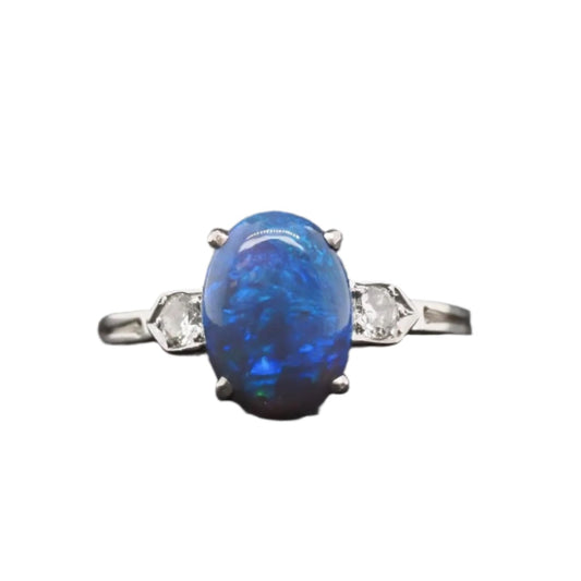 Art Deco 1920s Platinum Black Opal and Diamond Ring