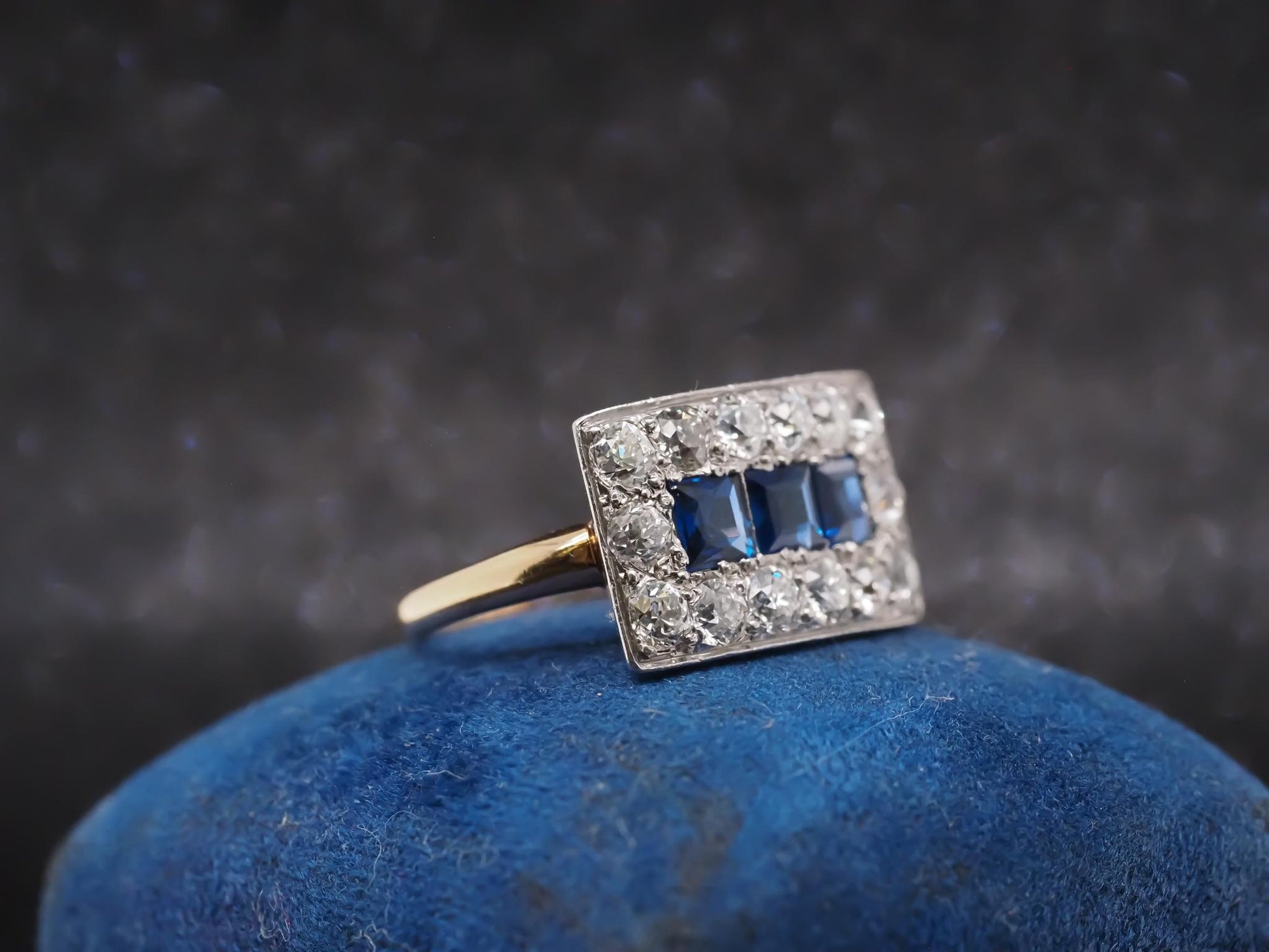 18K Yellow Gold and Platinum Old Mine Diamond and Natural Sapphire Ring