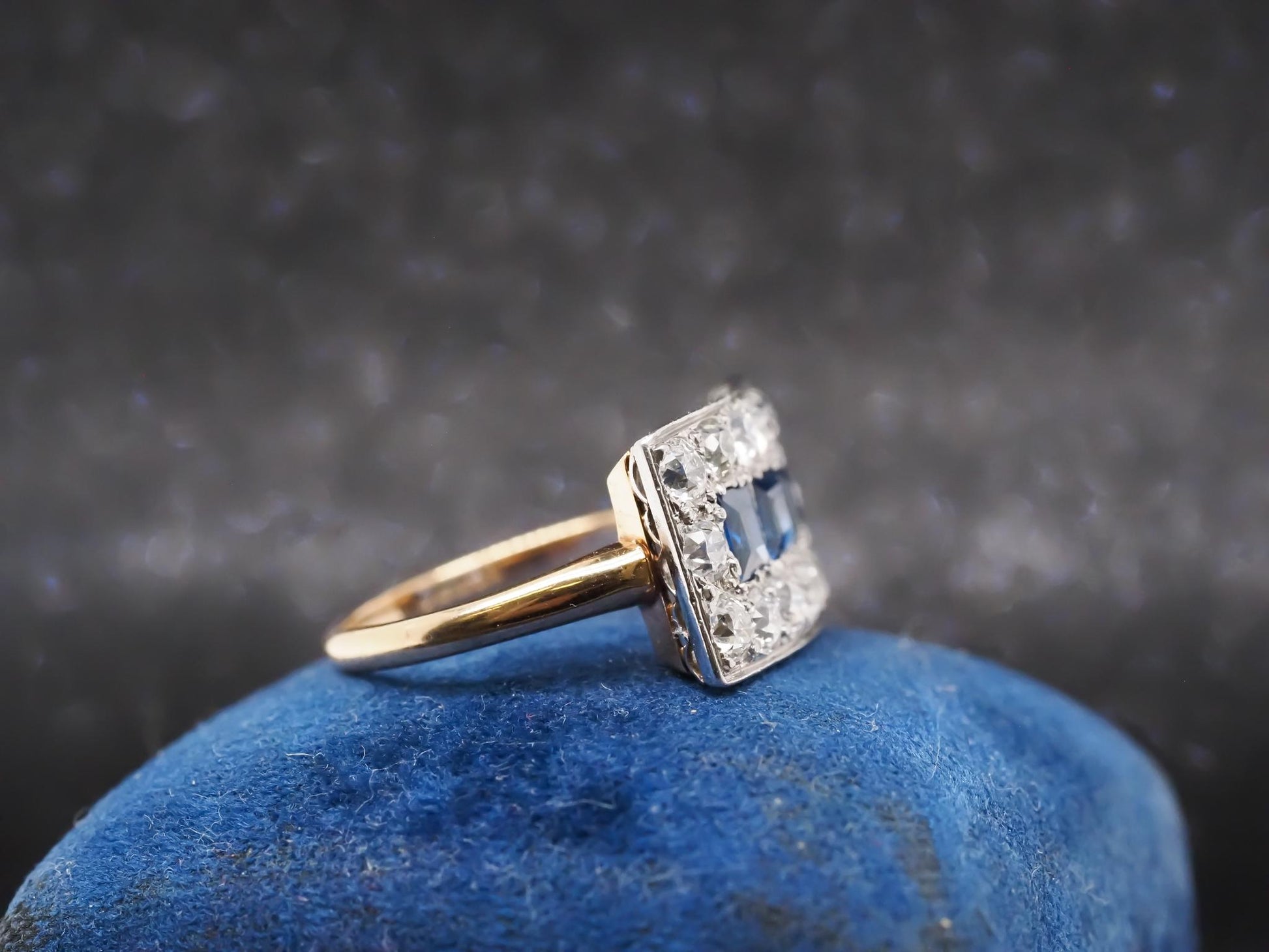 18K Yellow Gold and Platinum Old Mine Diamond and Natural Sapphire Ring