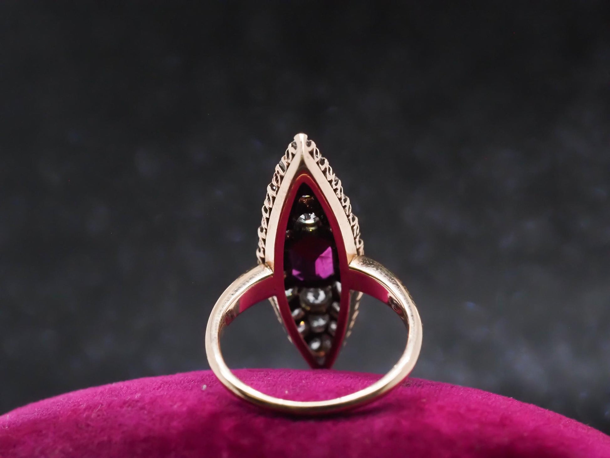 Circa 1900s Ruby and Old Mine Diamond Navette Ring