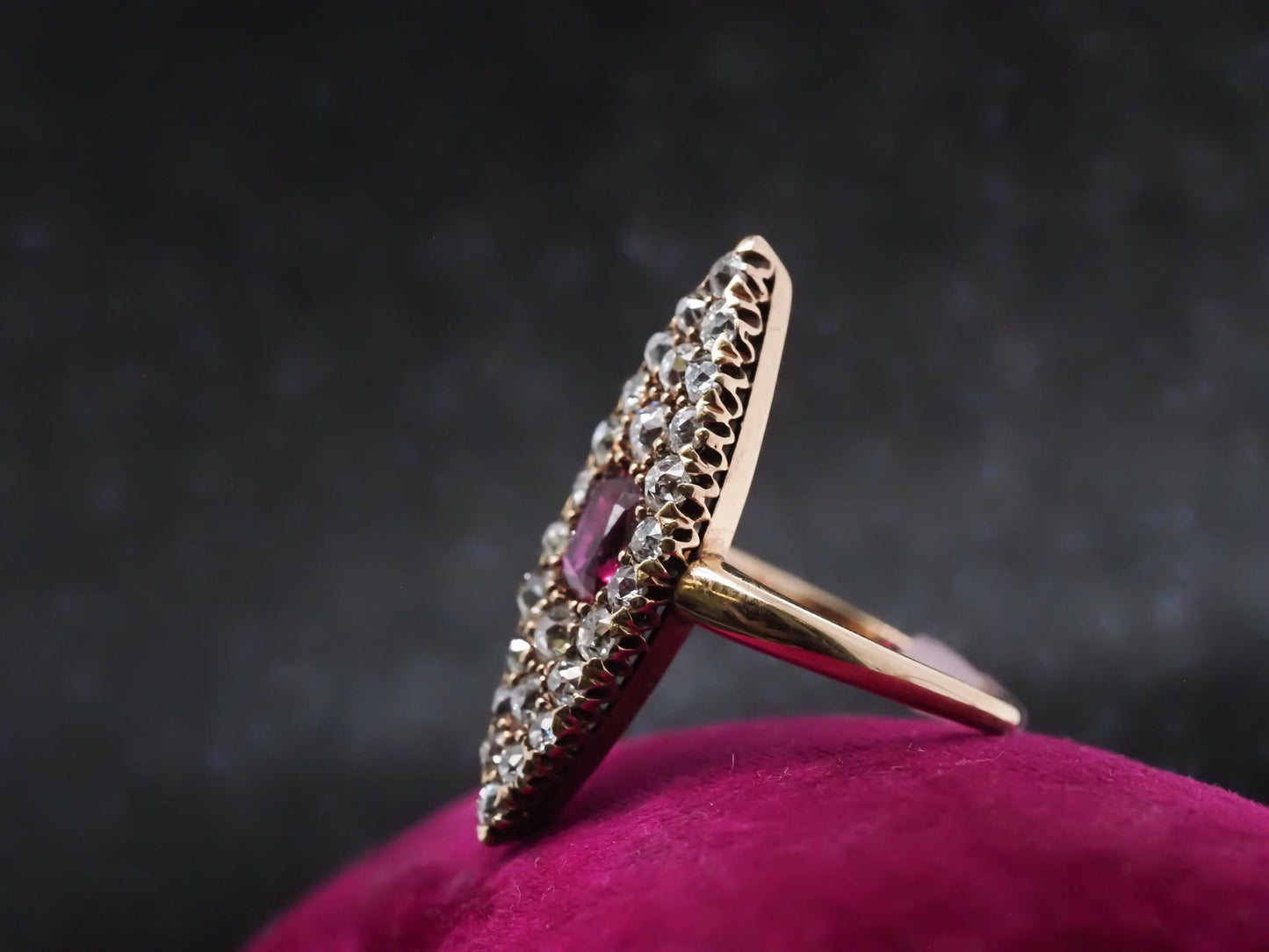 Circa 1900s Ruby and Old Mine Diamond Navette Ring