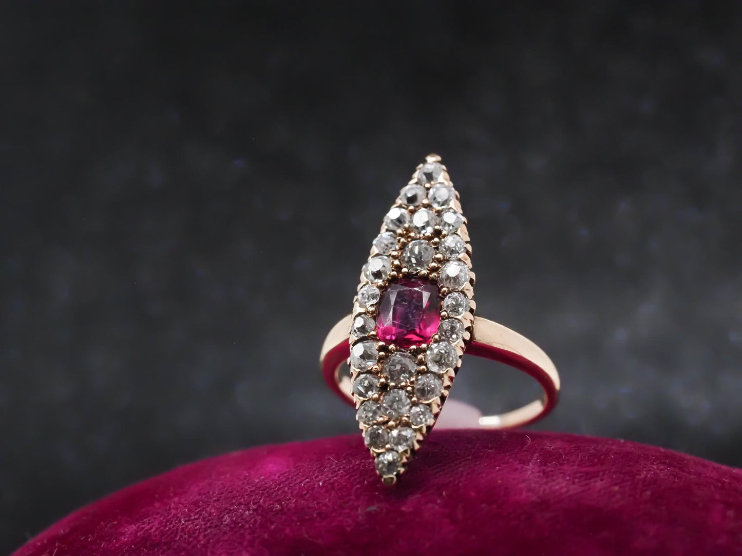 Circa 1900s Ruby and Old Mine Diamond Navette Ring