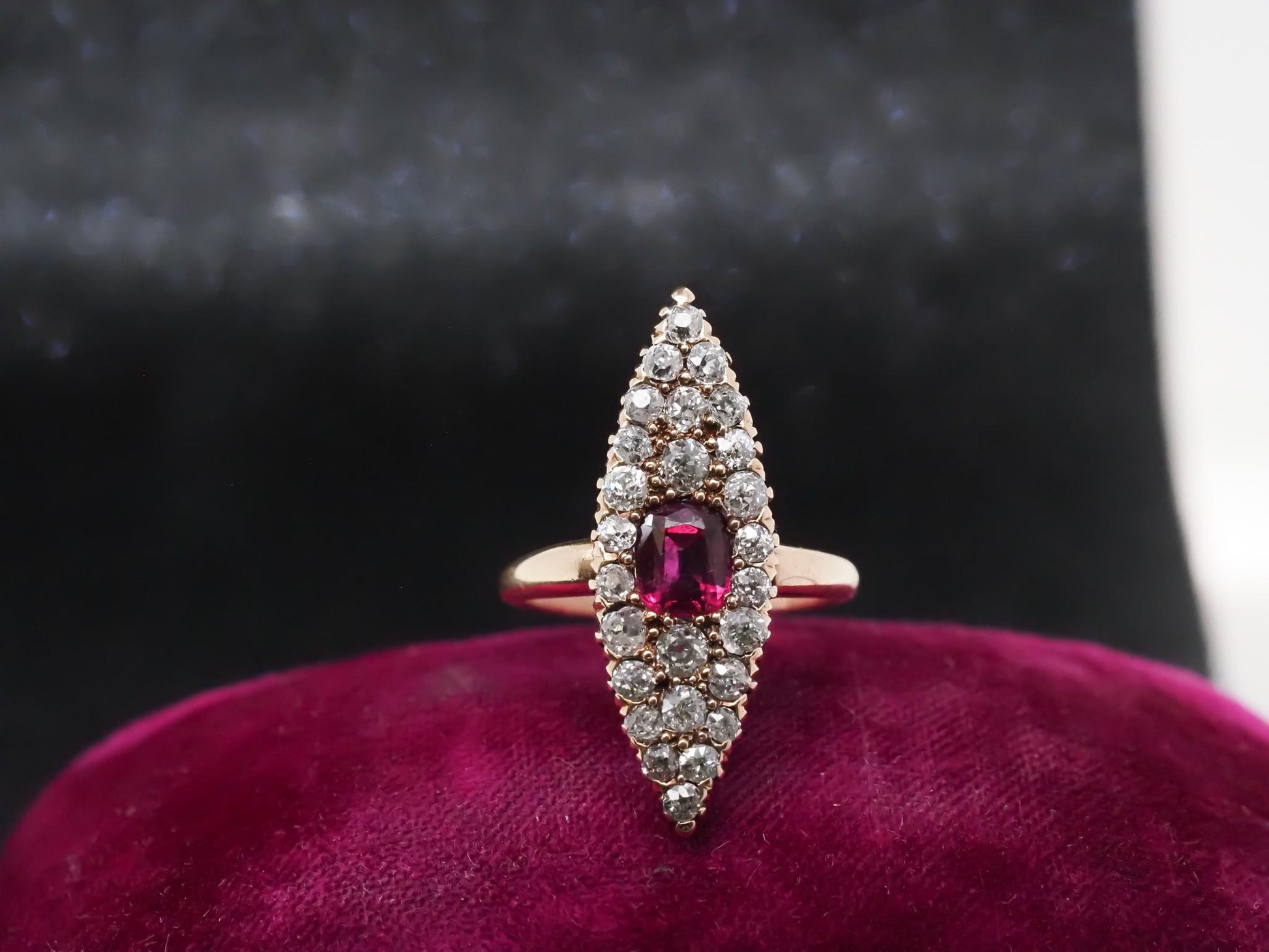 Circa 1900s Ruby and Old Mine Diamond Navette Ring