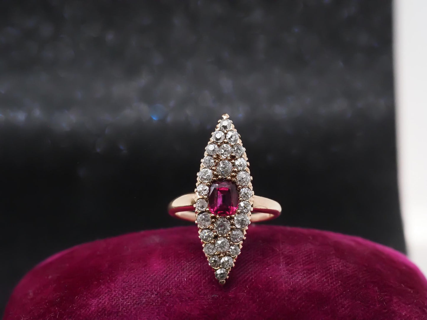 Circa 1900s Ruby and Old Mine Diamond Navette Ring