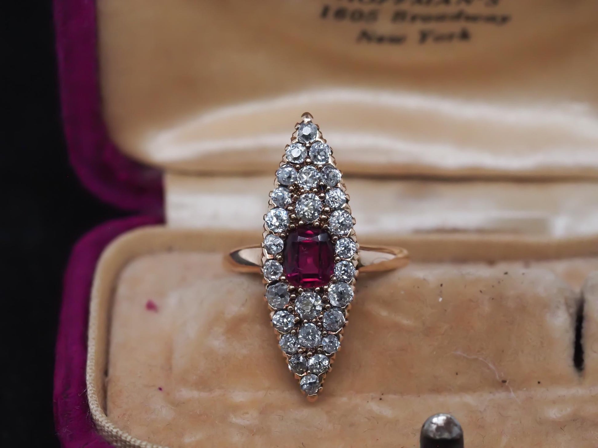 Circa 1900s Ruby and Old Mine Diamond Navette Ring